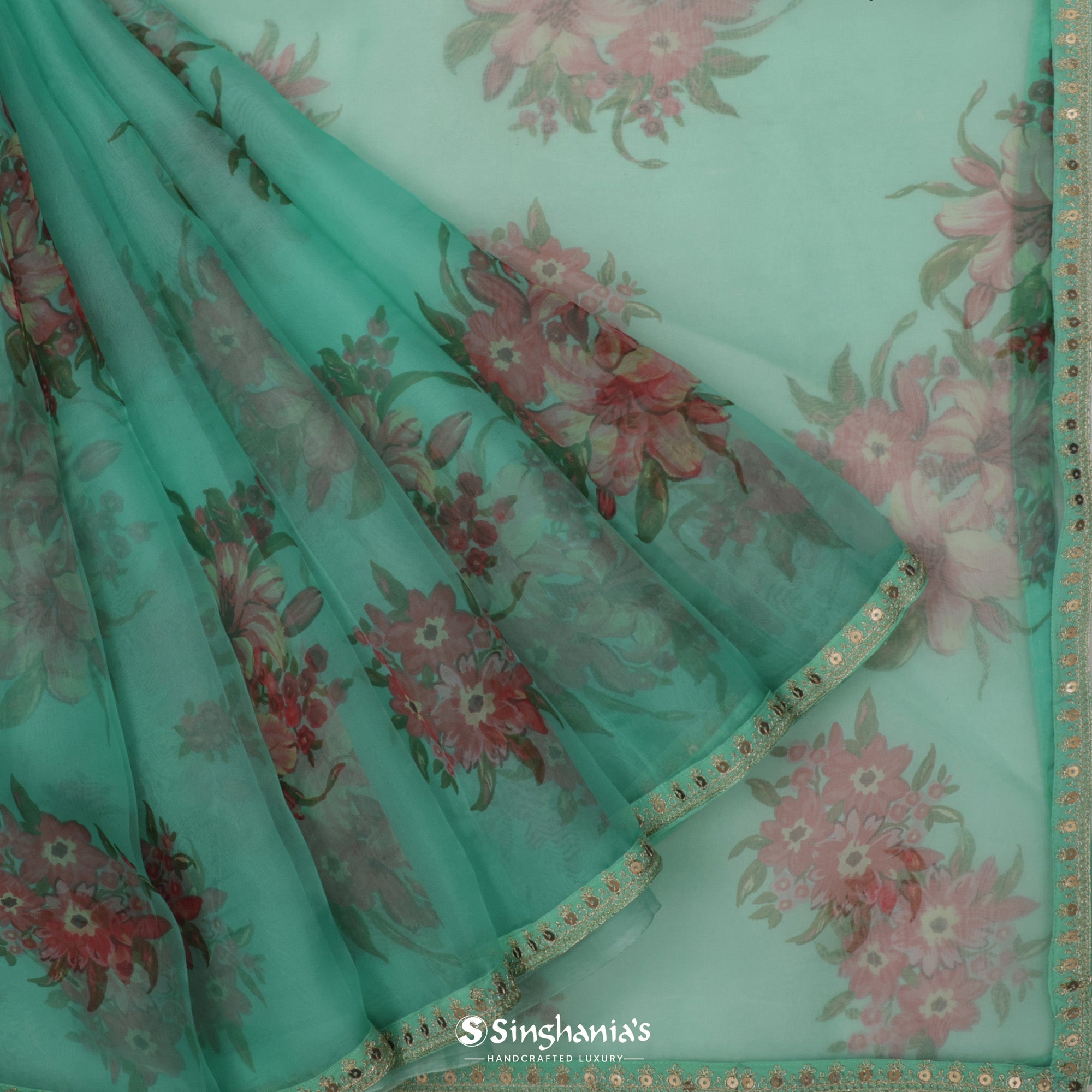 Robin Egg Blue Printed Organza Saree With Embroidery