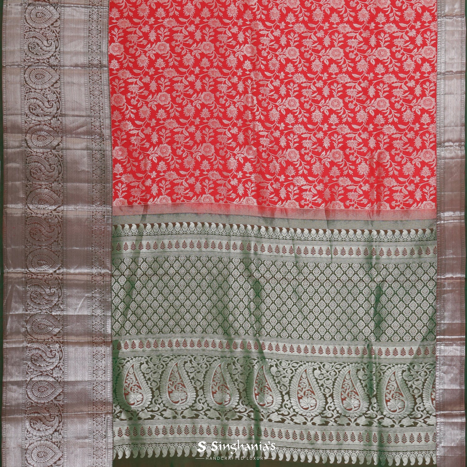 Pigment Red Kanjivaram Silk Saree With Floral Jaal Pattern