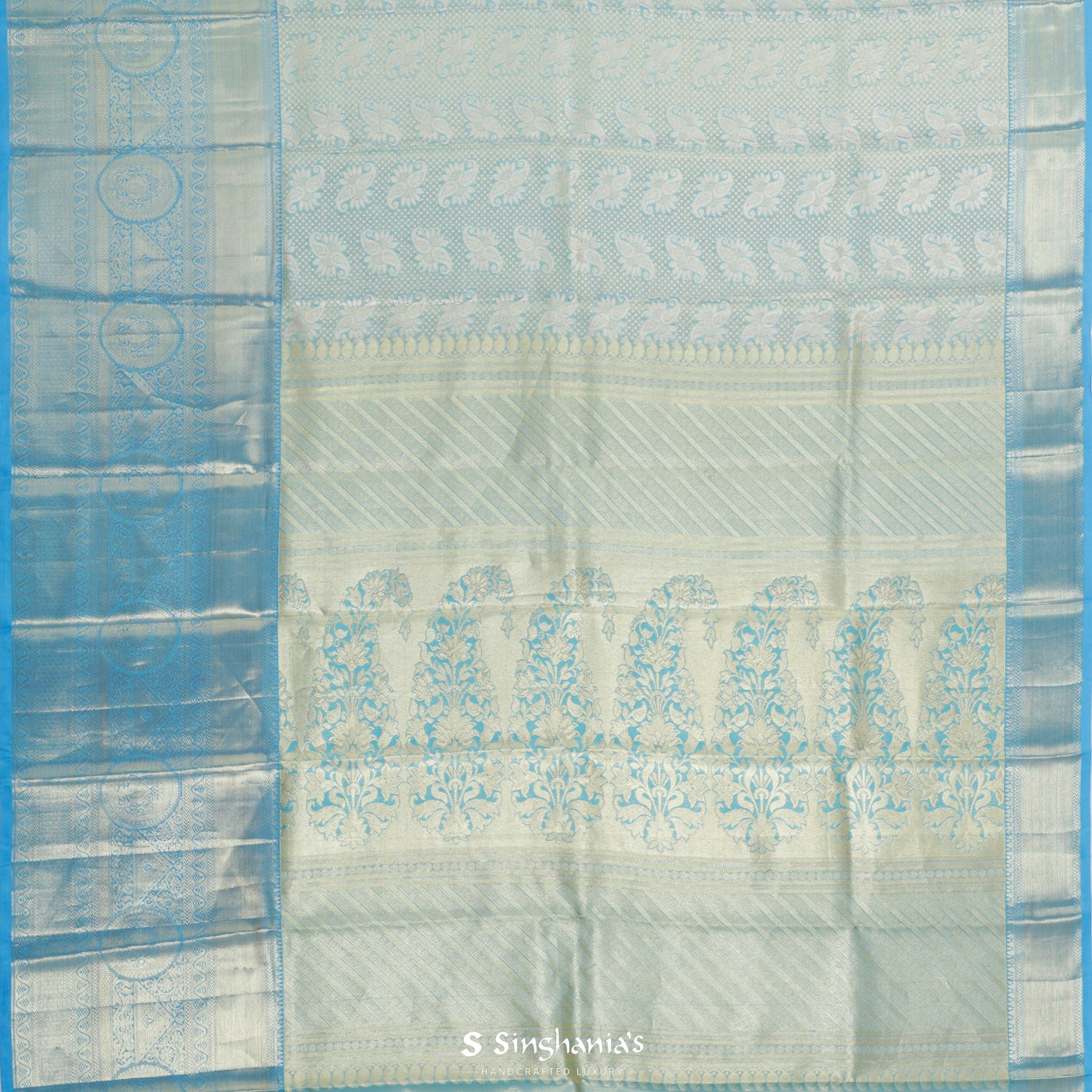 Tiffany Blue Kanjivaram Silk Saree With Floral Jaal Pattern