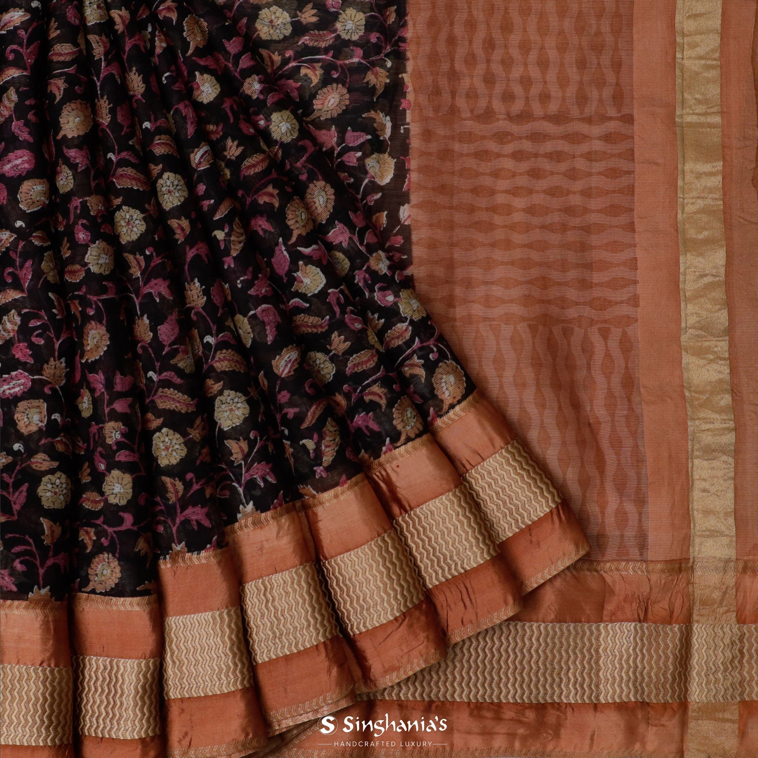 Slate Black Printed Maheshwari Saree With Floral Pattern