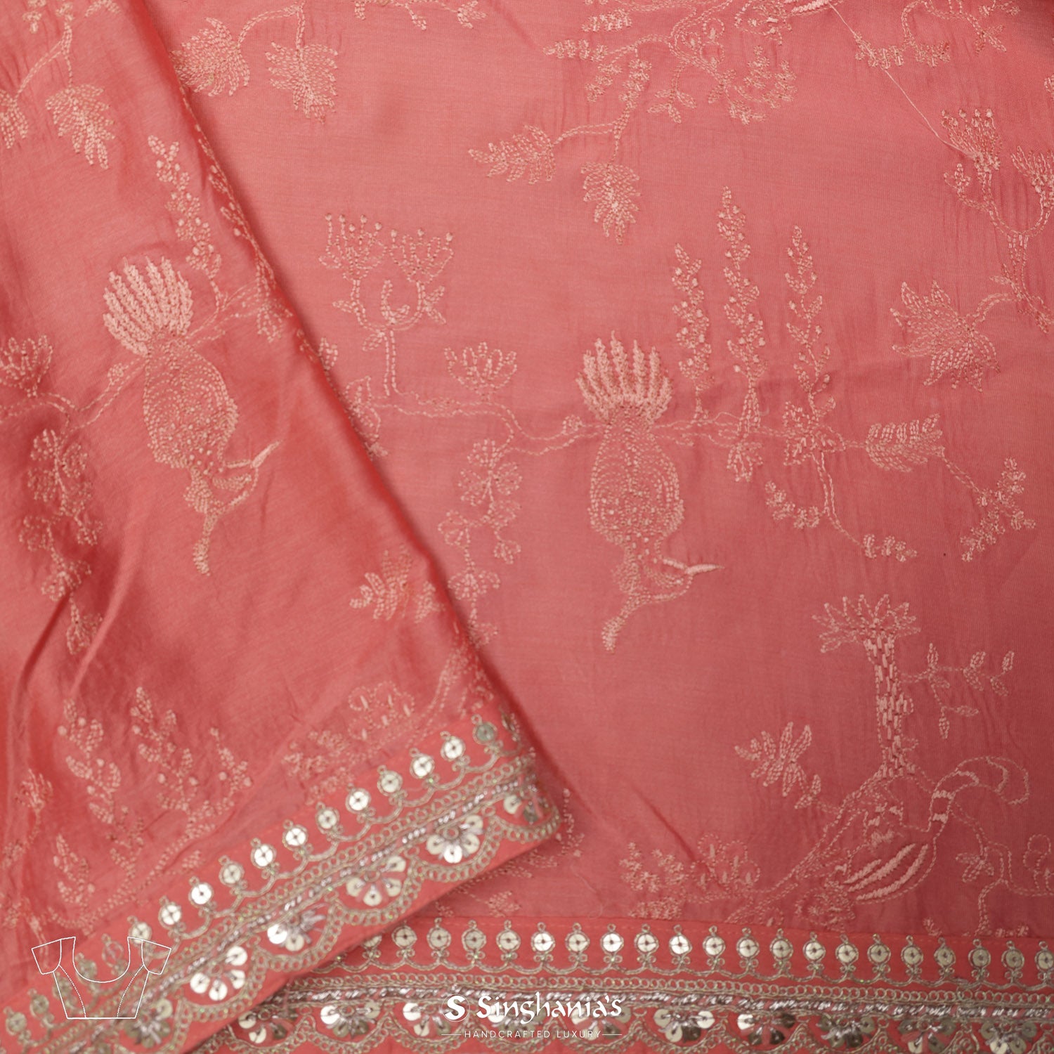 Coral Pink Kota Silk Saree With Floral Buttis