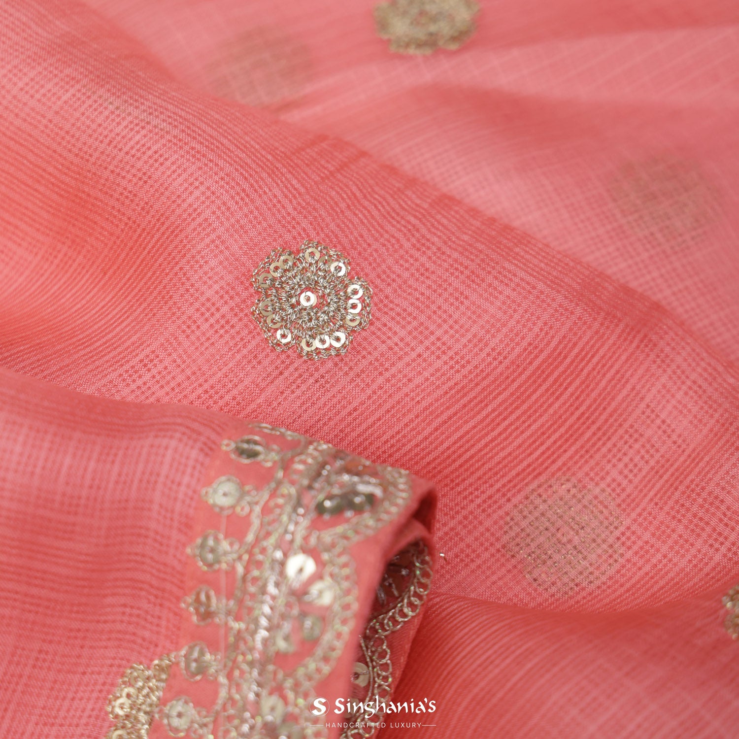 Coral Pink Kota Silk Saree With Floral Buttis