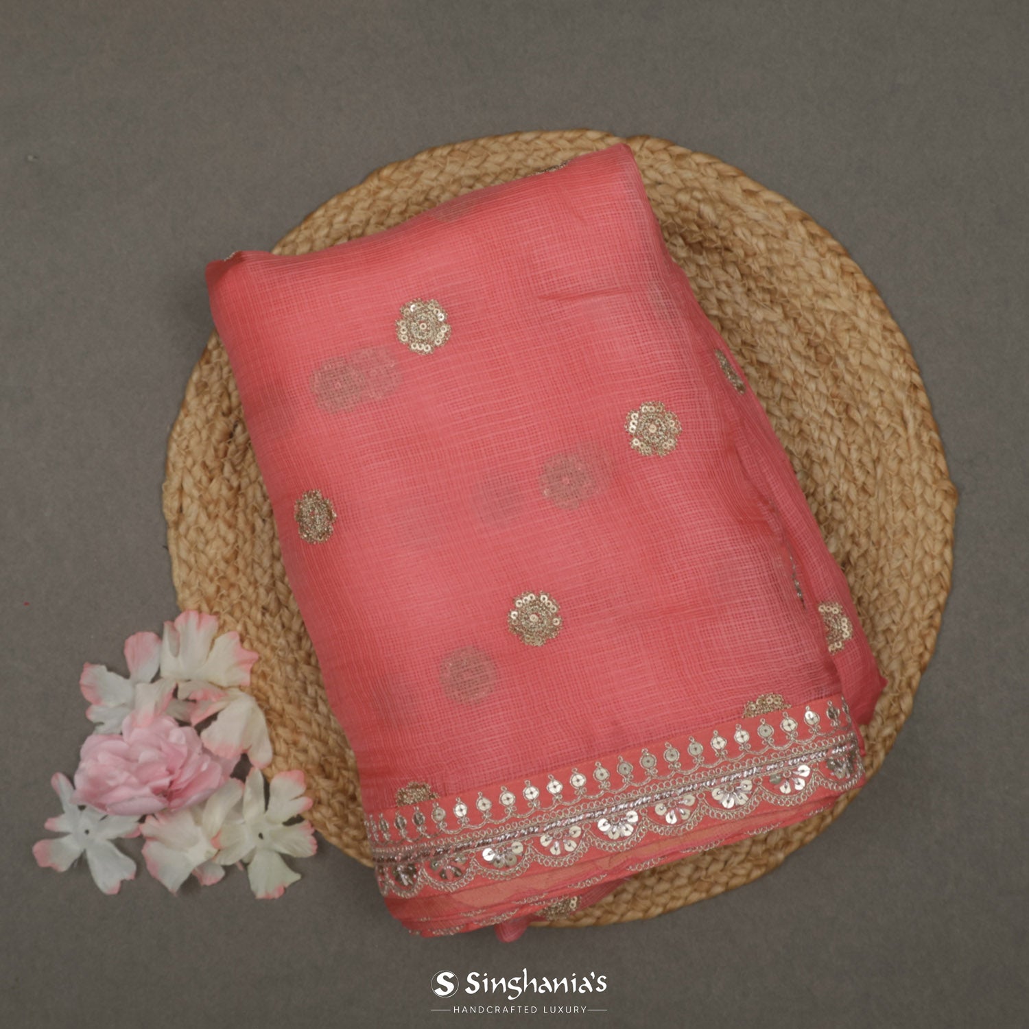 Coral Pink Kota Silk Saree With Floral Buttis