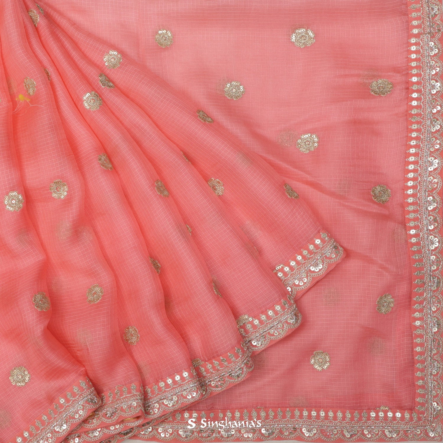 Coral Pink Kota Silk Saree With Floral Buttis