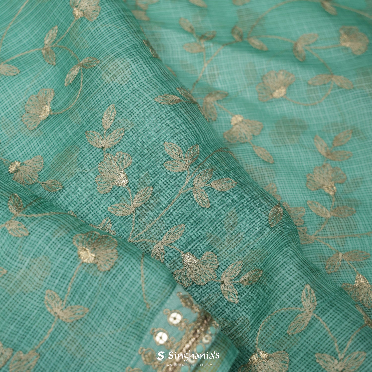 Tiffany Blue Kota Silk Saree With Floral Zari Thread Work