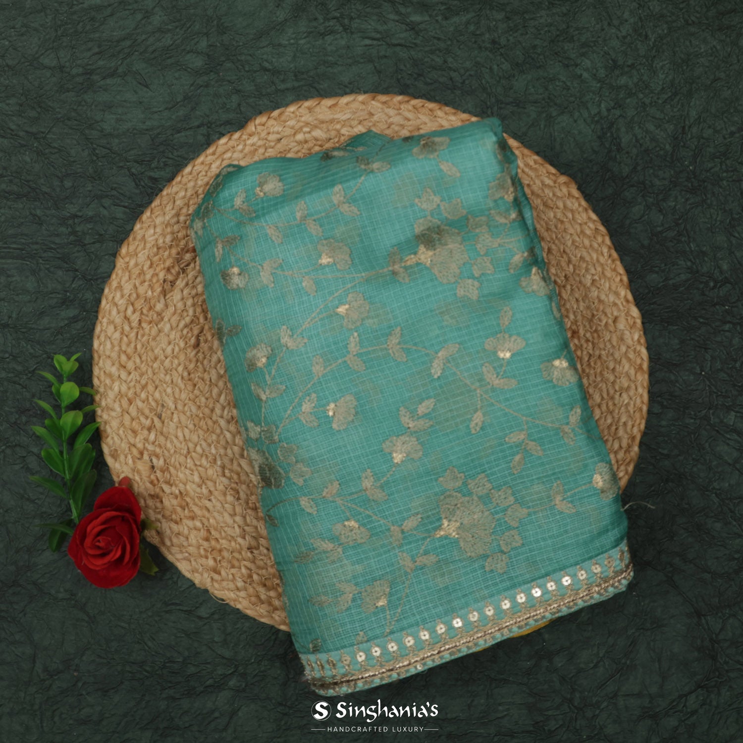 Tiffany Blue Kota Silk Saree With Floral Zari Thread Work