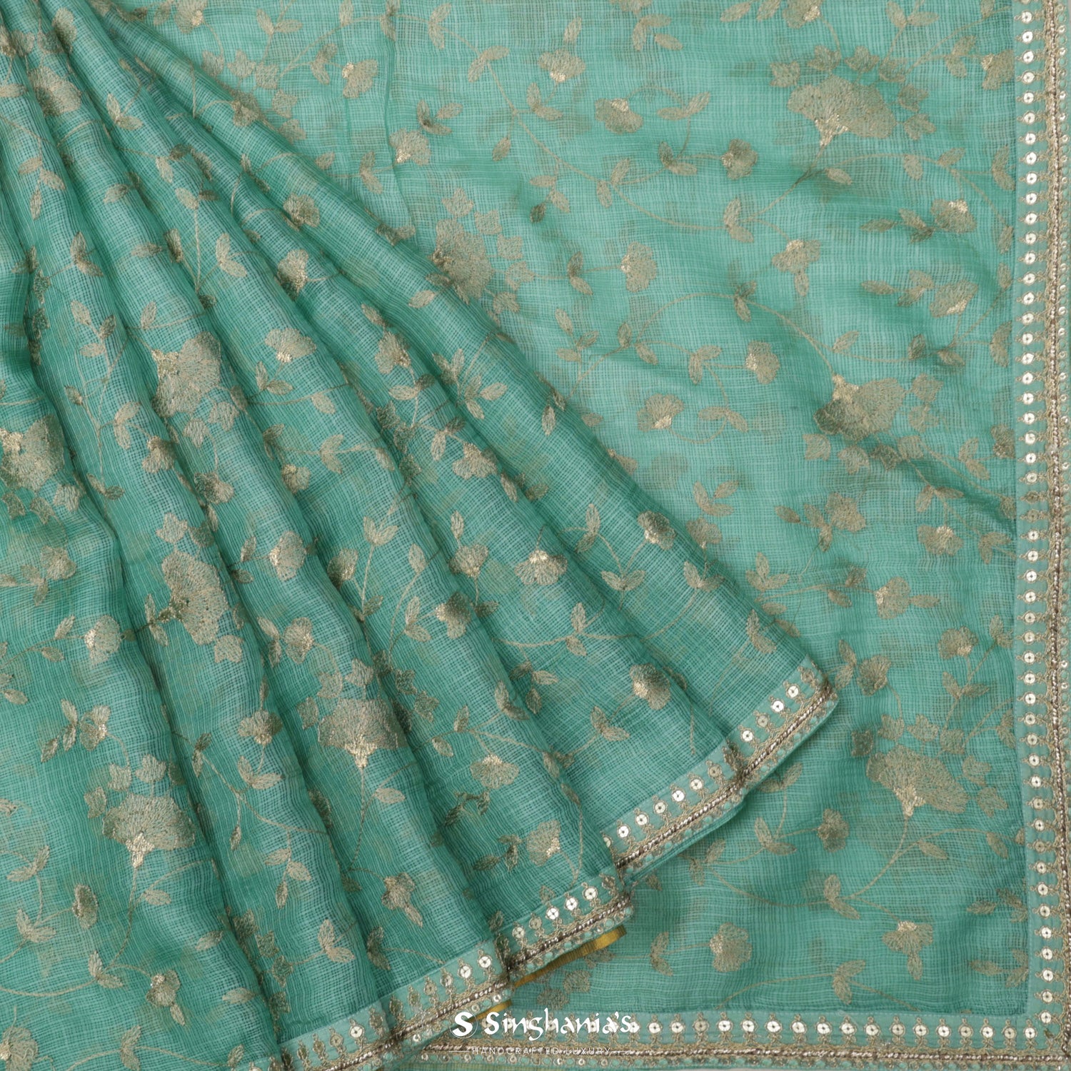 Tiffany Blue Kota Silk Saree With Floral Zari Thread Work