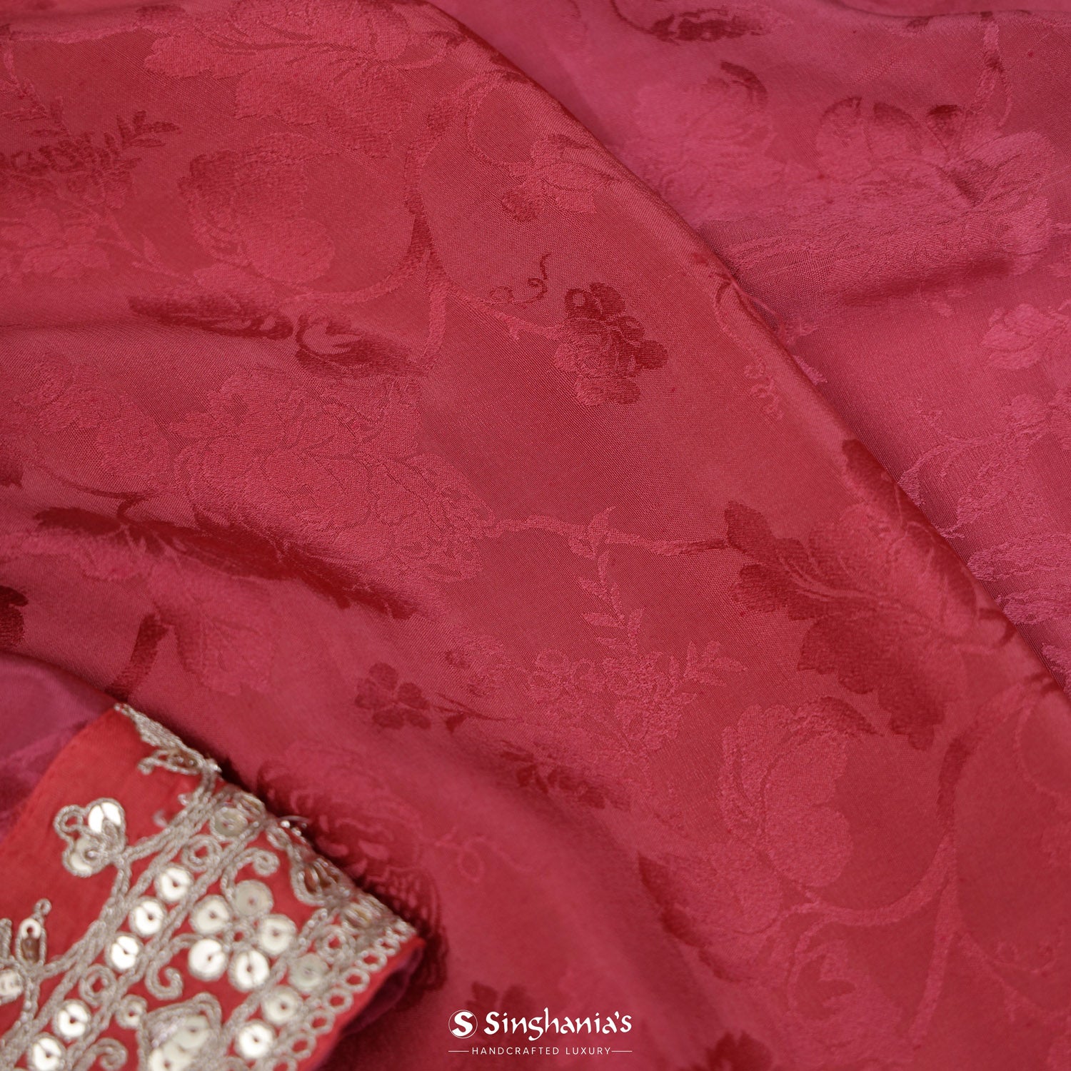 Hibiscus Red Satin Saree With Floral Weaving