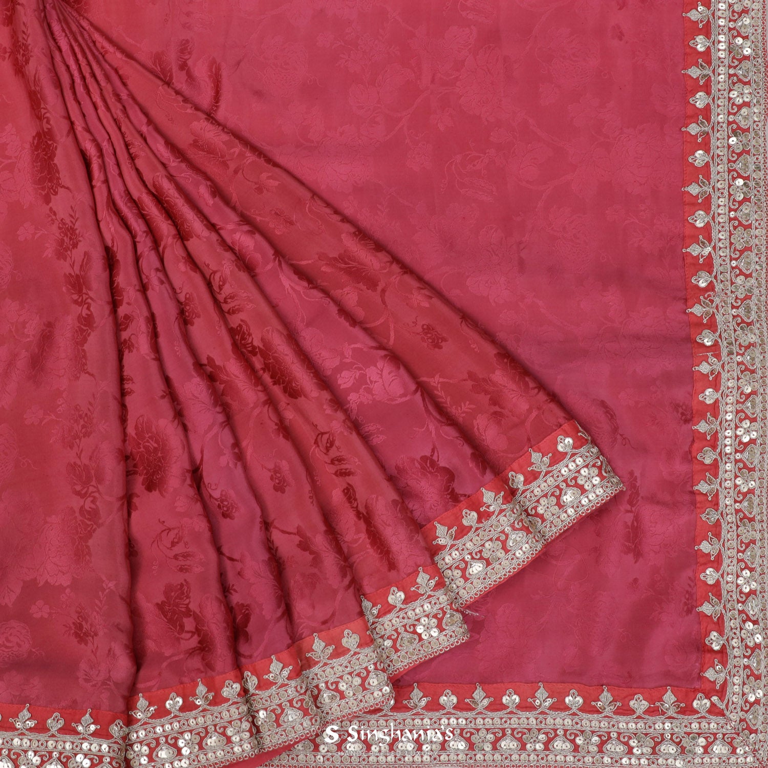 Hibiscus Red Satin Saree With Floral Weaving
