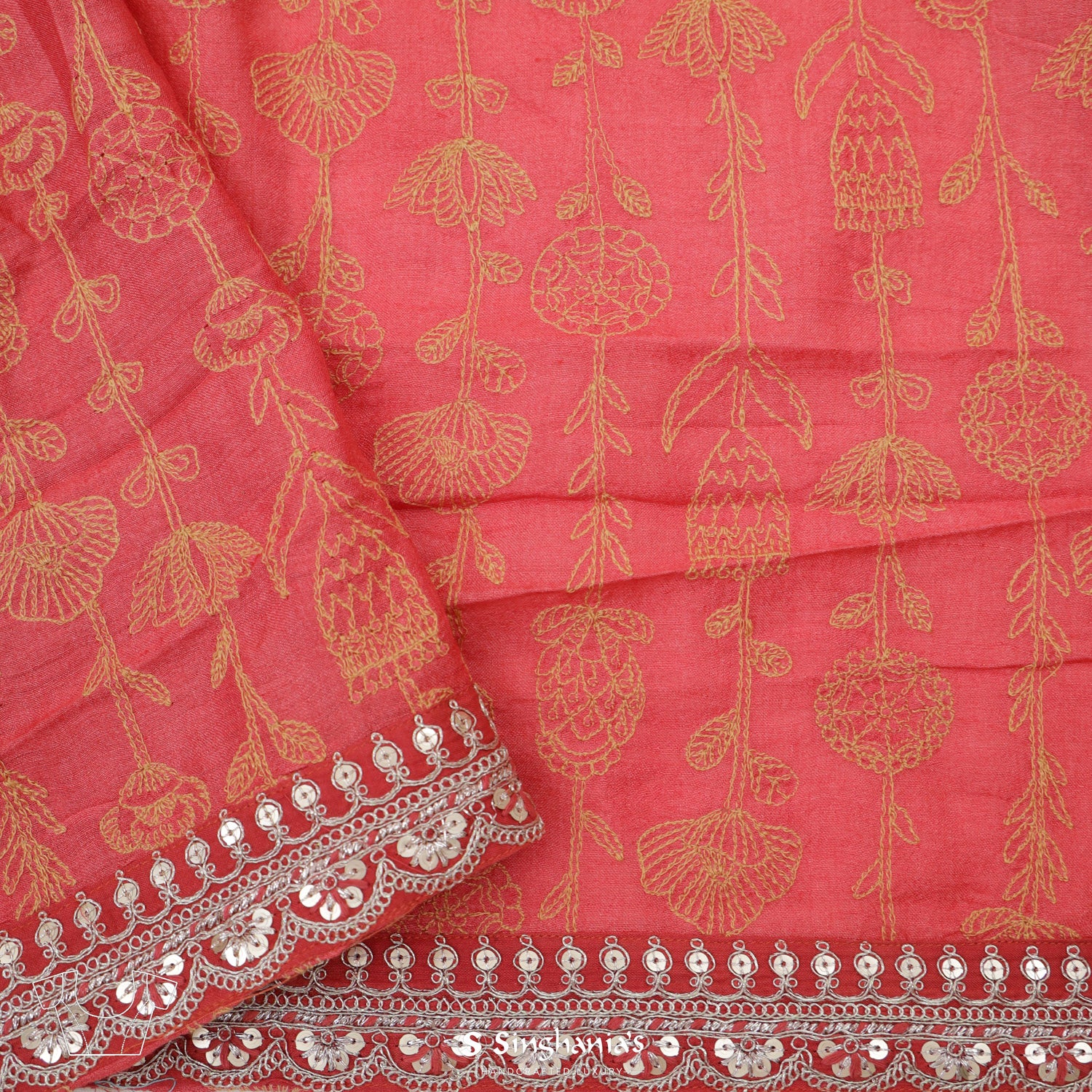 Watermelon Pink Satin Saree With Self Woven Floral Pattern