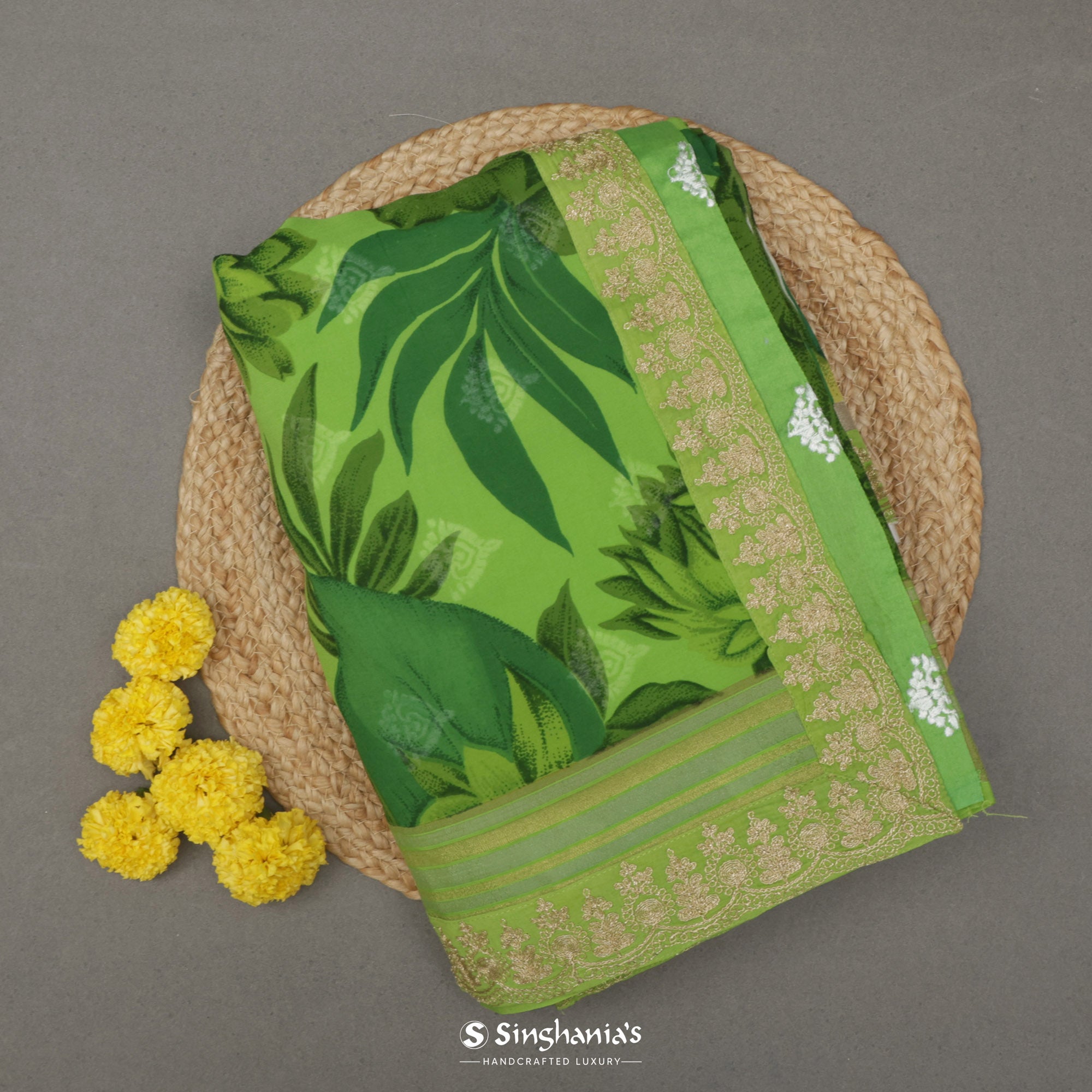 Lime Green Georgette Saree With Printed Floral Pattern