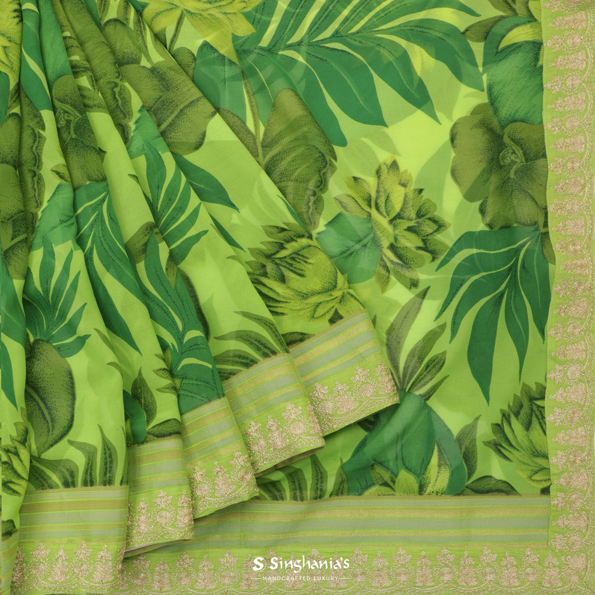 Lime Green Georgette Saree With Printed Floral Pattern