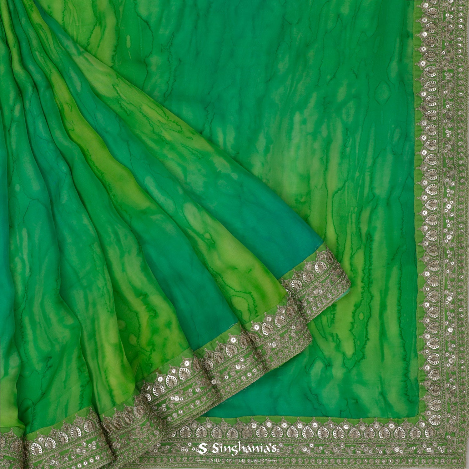 Emerald Green Georgette Saree With Shibori Print