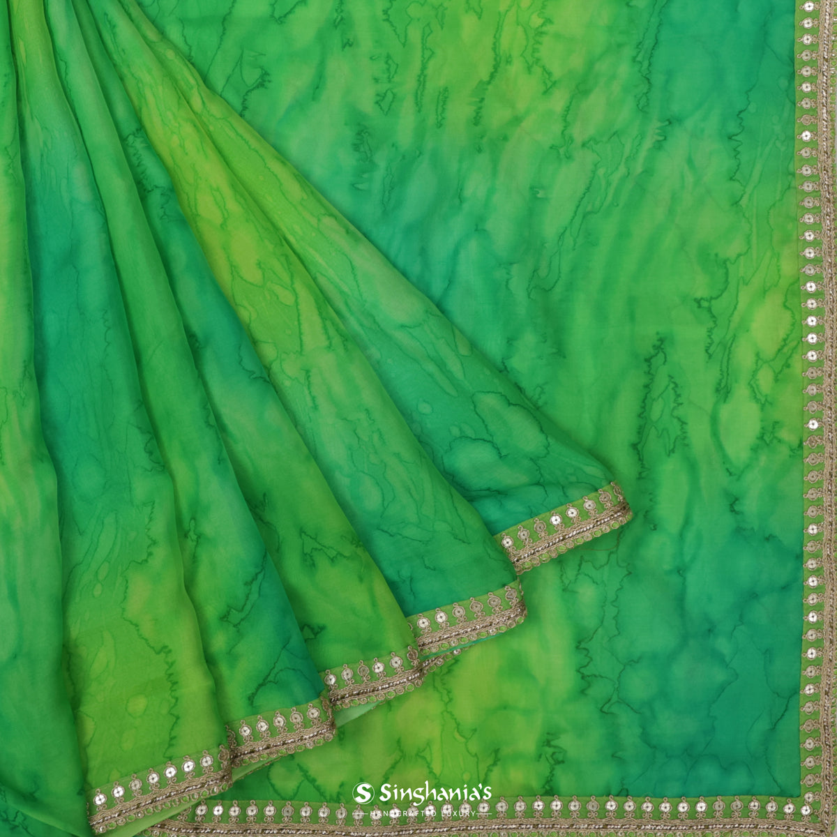 Green Multishade Printed Georgette Saree With Shibori Pattern