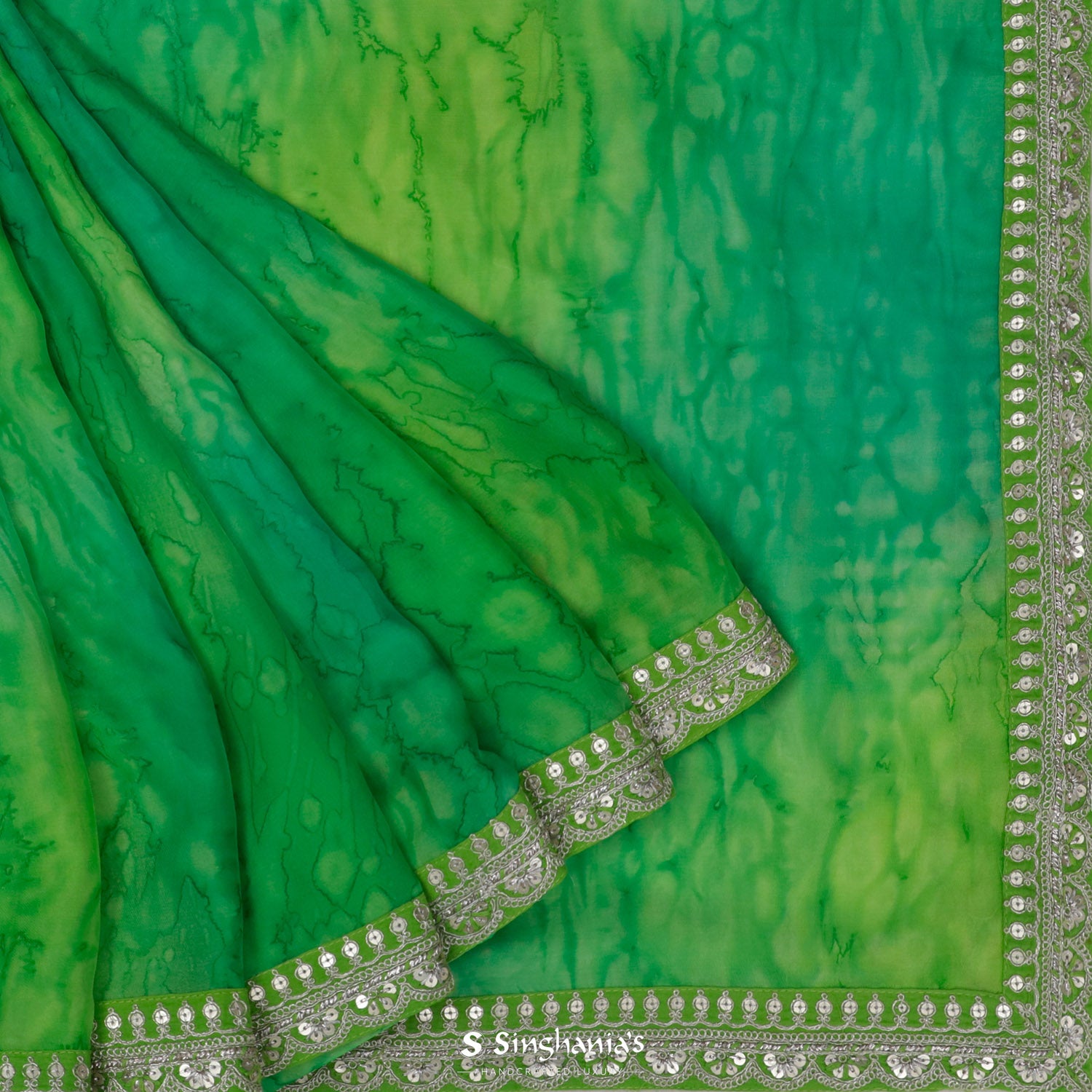 Irish Green Printed Georgette Saree In Shibori Pattern