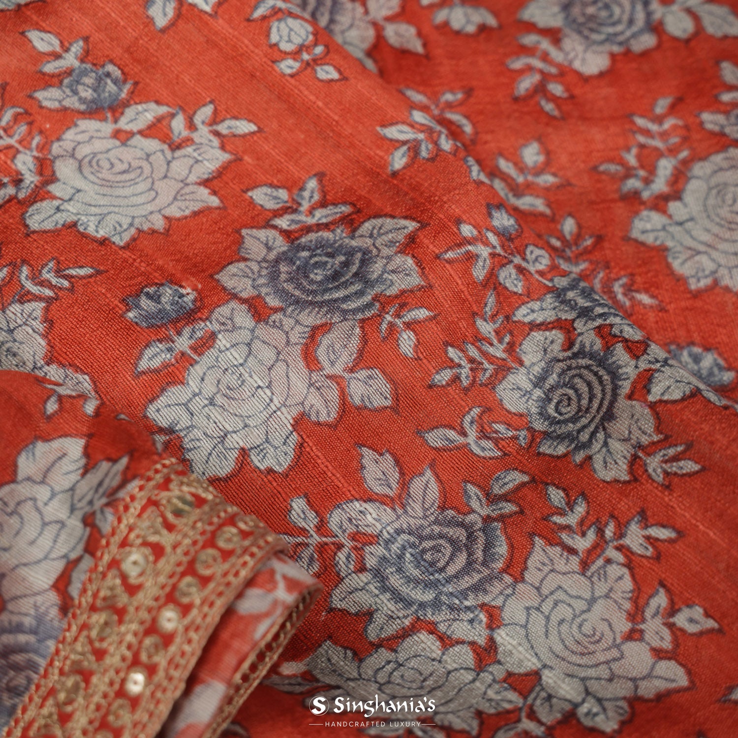 Vermilion Orange Dupion Silk Saree With Printed Floral Pattern