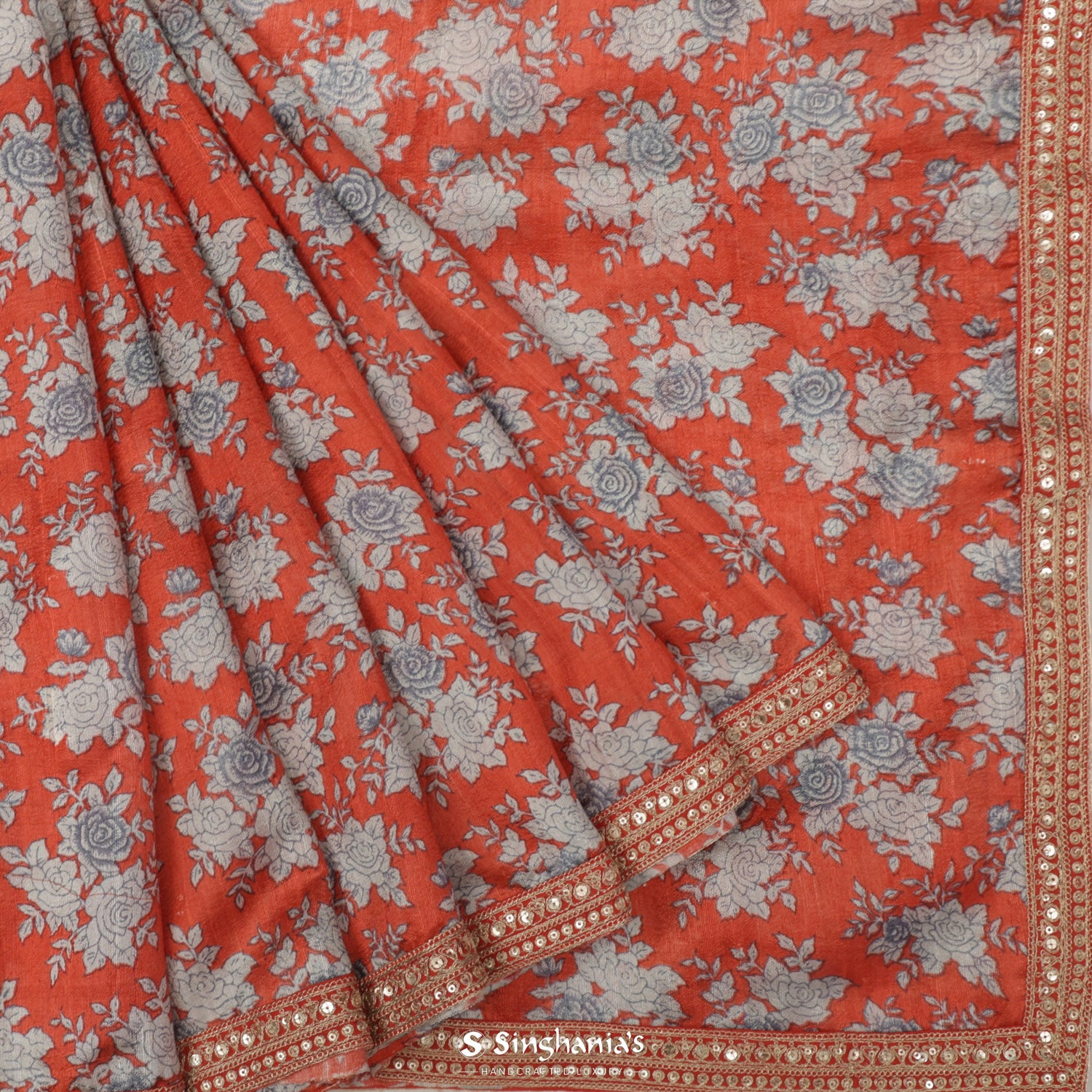 Vermilion Orange Dupion Silk Saree With Printed Floral Pattern