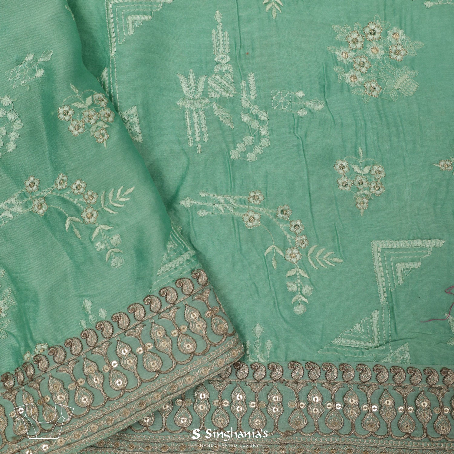 Viridian Green Printed Dupion Silk Saree With Mythological Pattern