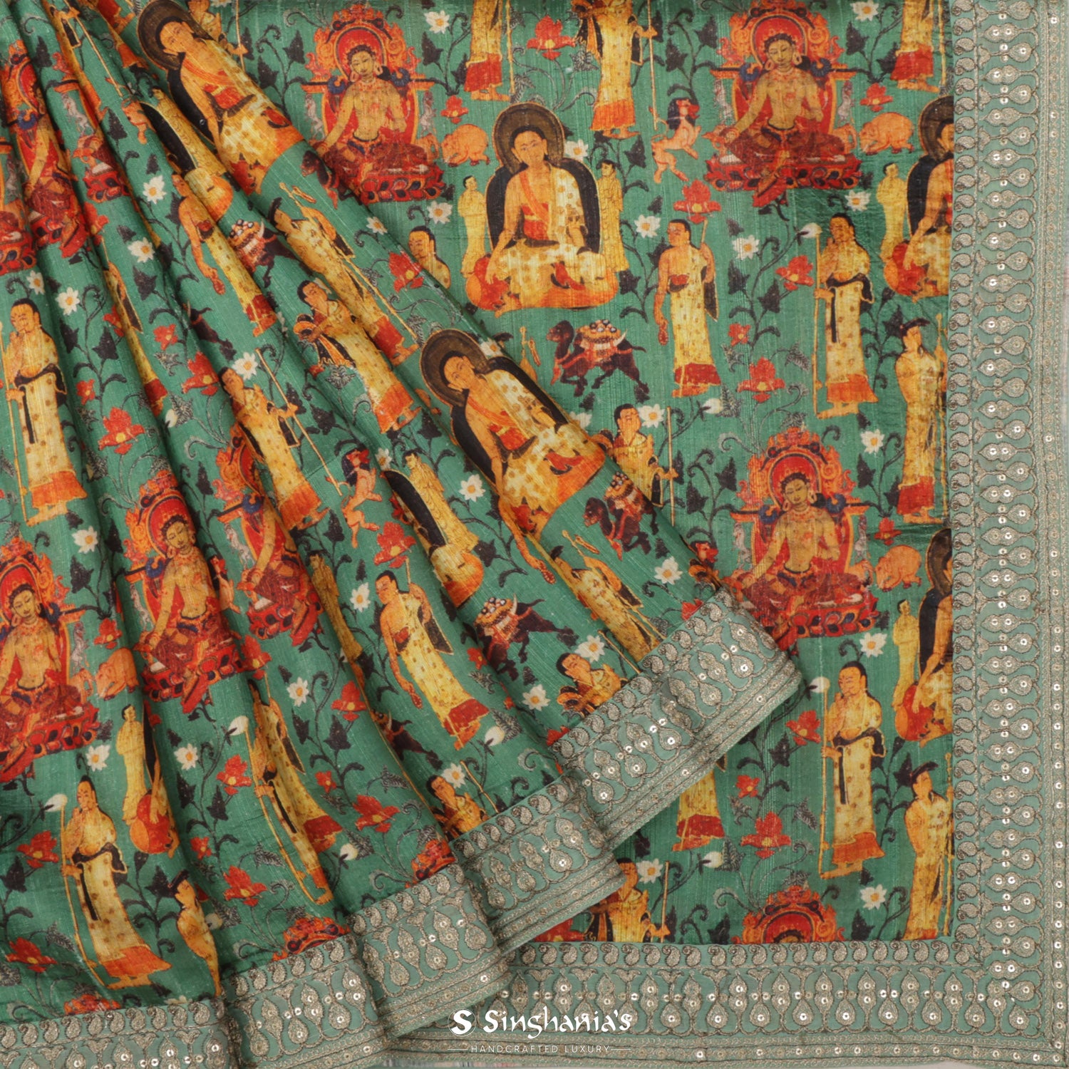 Viridian Green Printed Dupion Silk Saree With Mythological Pattern