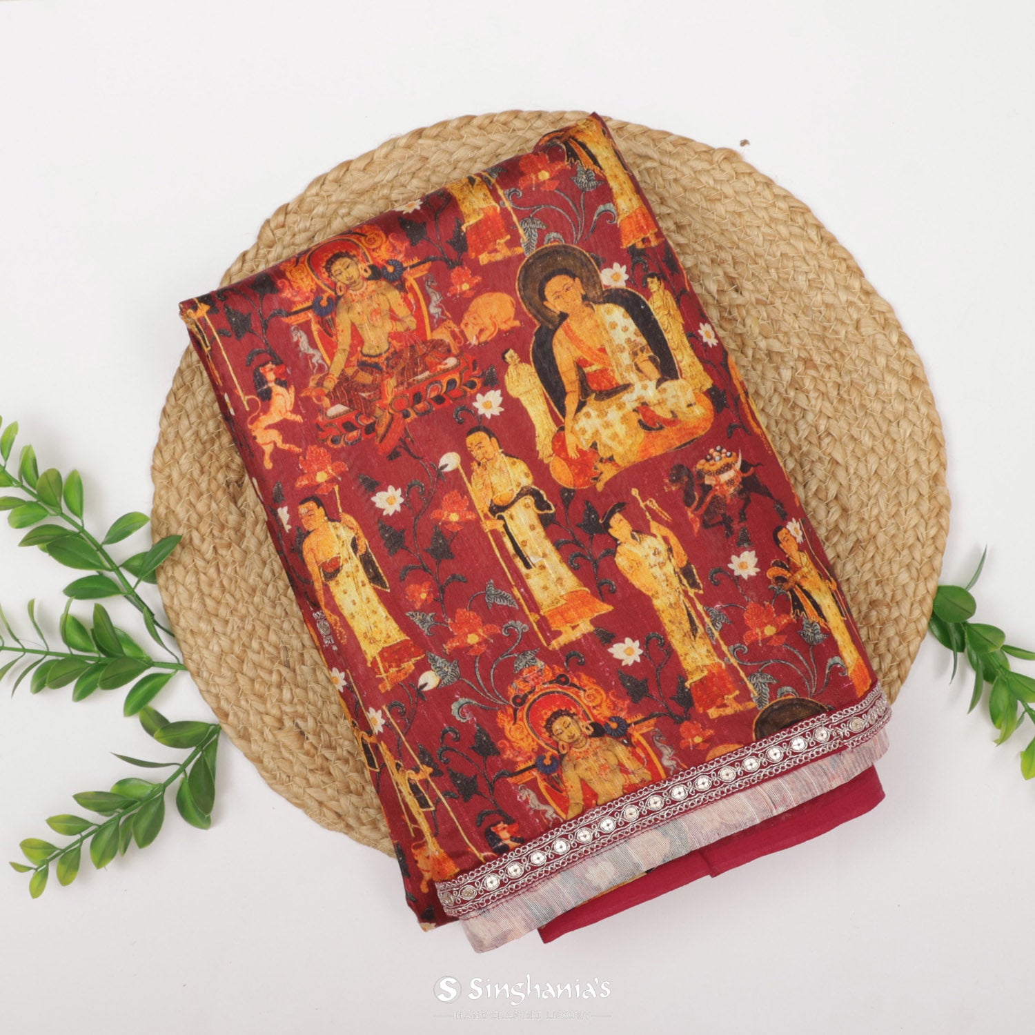 Crimson Red Printed Dupion Silk Saree With Mythlogical Pattern