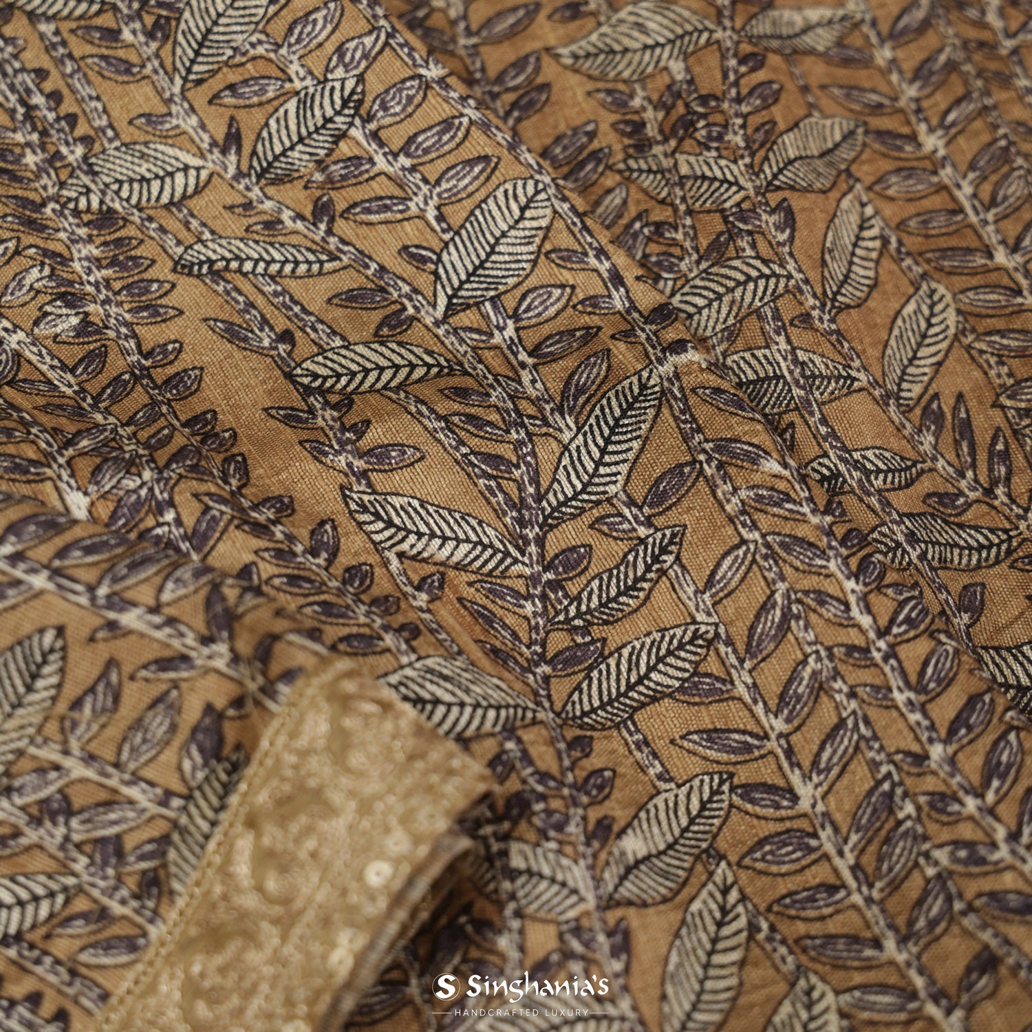 Light Saffron Printed Dupion Silk Saree With Leaf Pattern