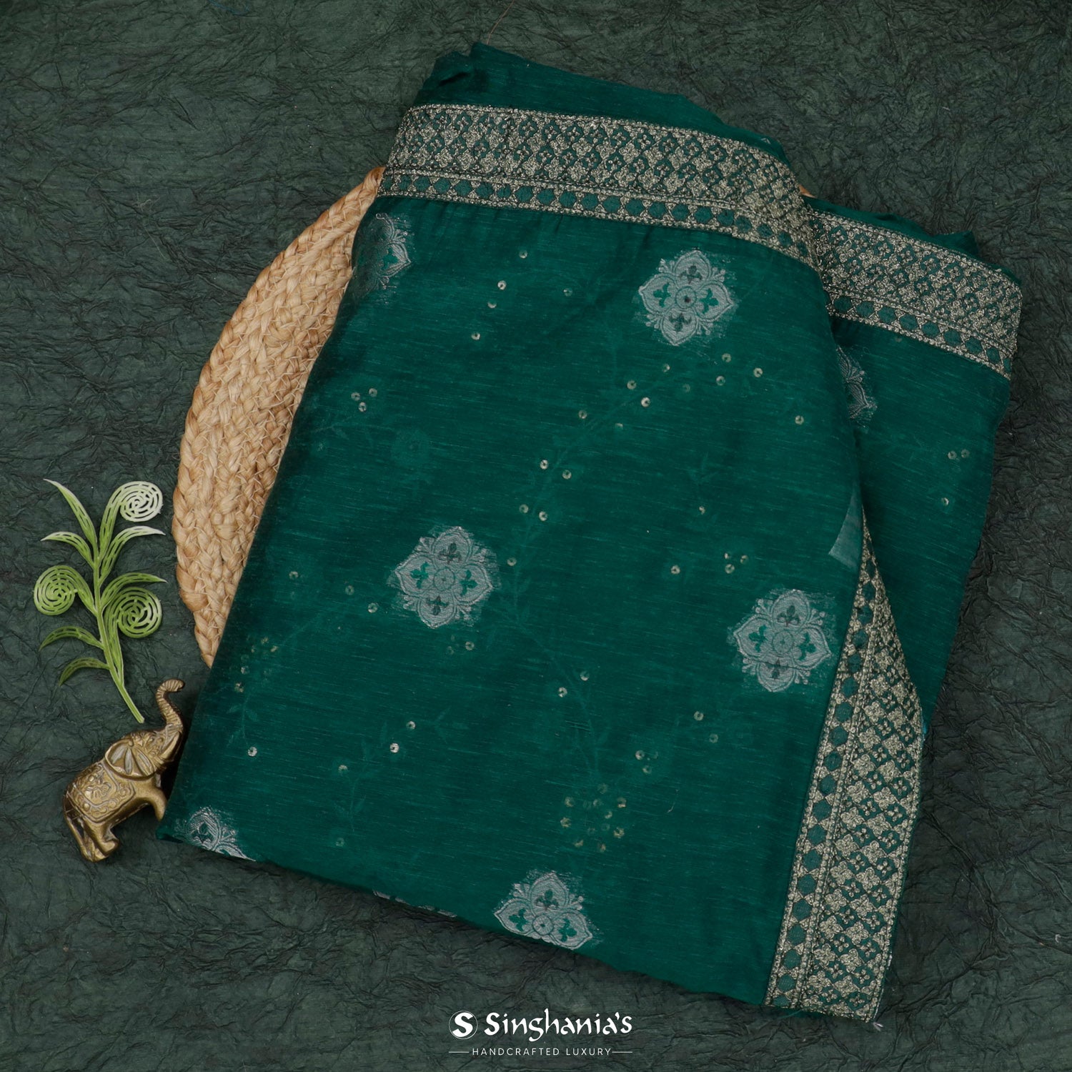 Pine Green Matka Silk Saree With Floral Zari Buttis