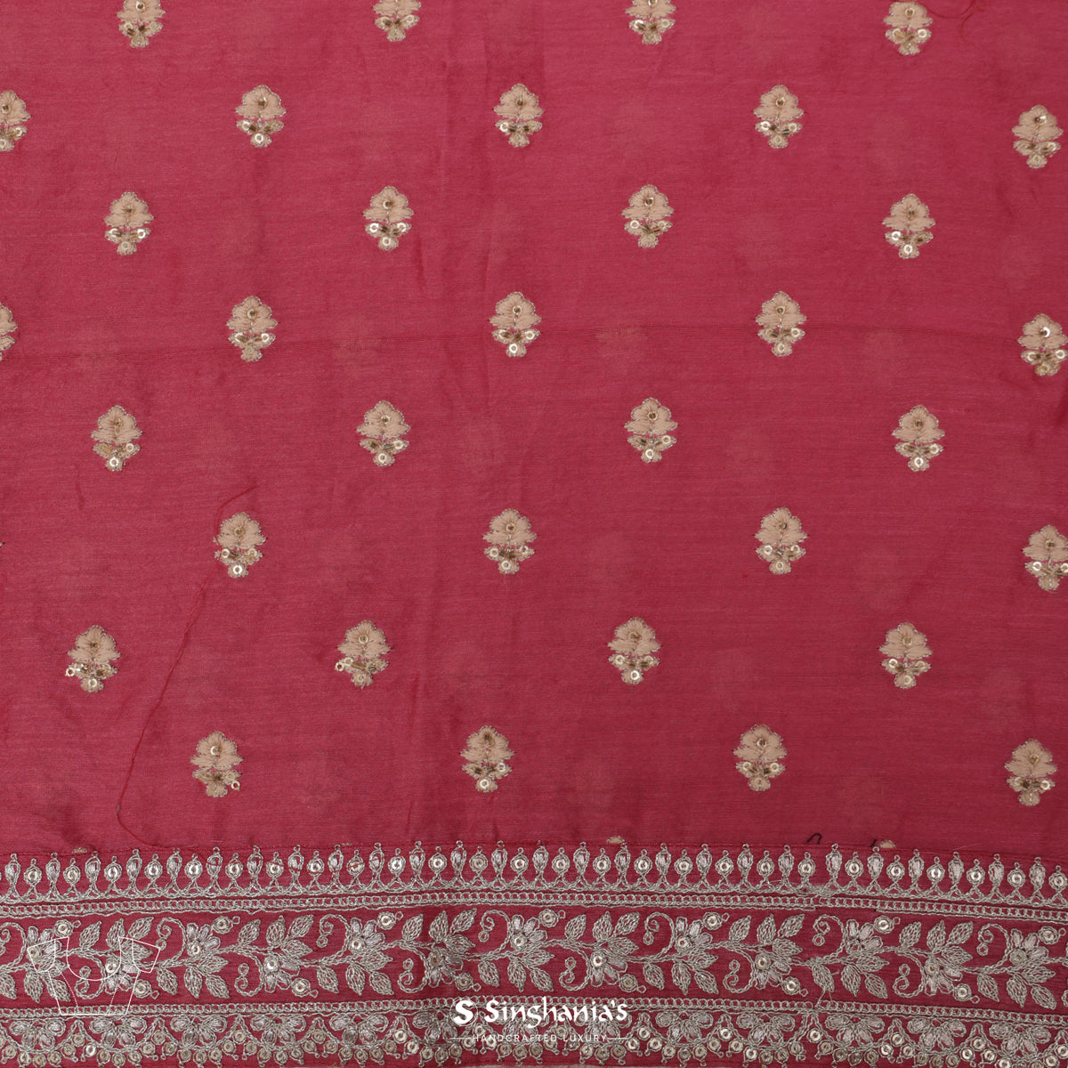 Hibiscus Red Printed Tussar Saree With Embroidery Border