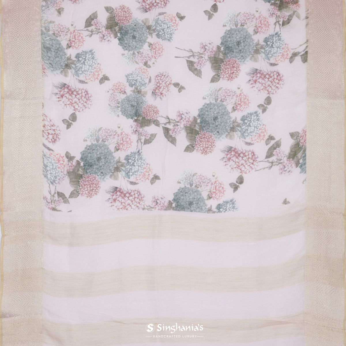 Baby Pink Printed Linen Saree With Floral Pattern