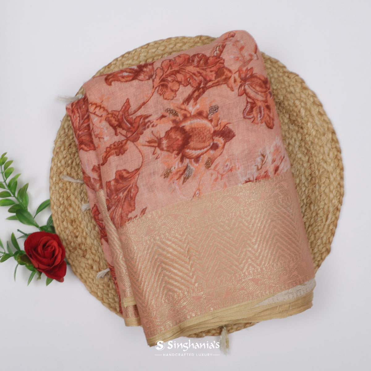 Dark Salmon Pink Printed Linen Saree With Floral Pattern