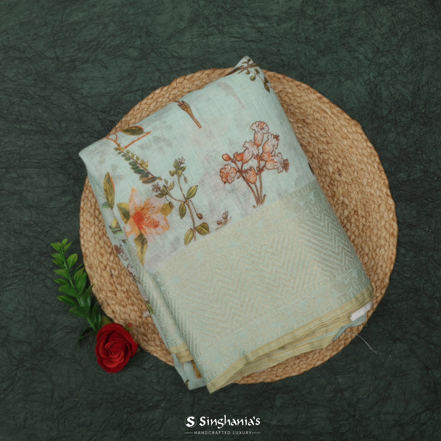 Chetwode Green Printed Linen Saree With Floral Pattern