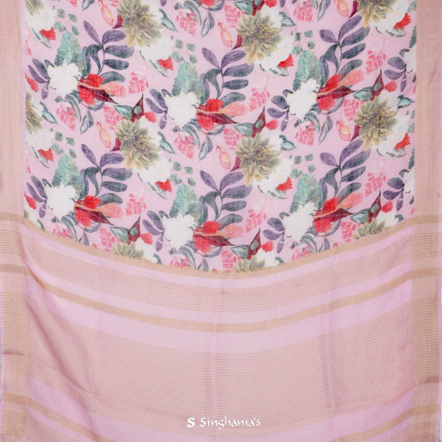 Pastel Pink Printed Linen Saree With Floral Pattern And Has Zari Weaving