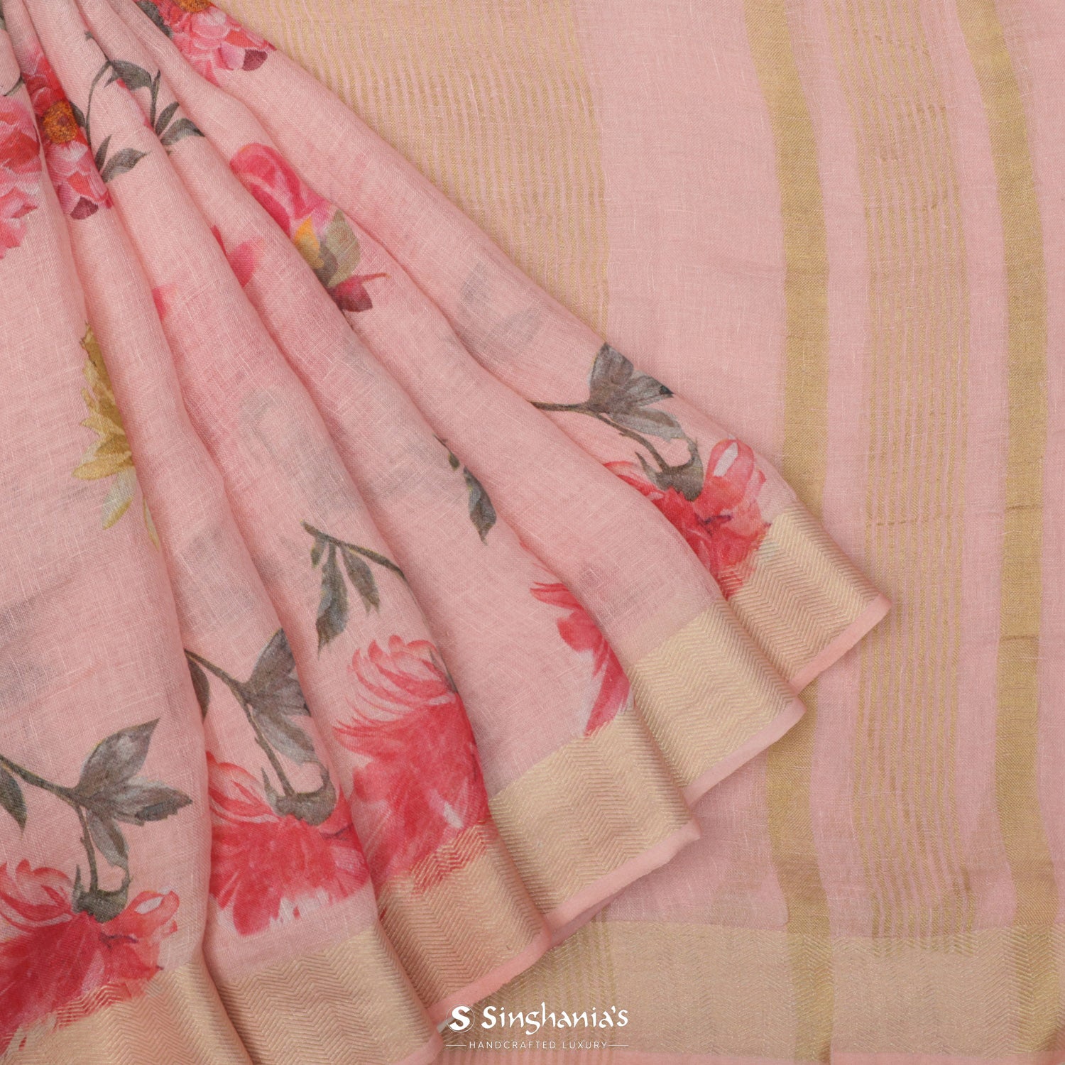 Spanish Pink Printed Linen Saree With Floral Pattern
