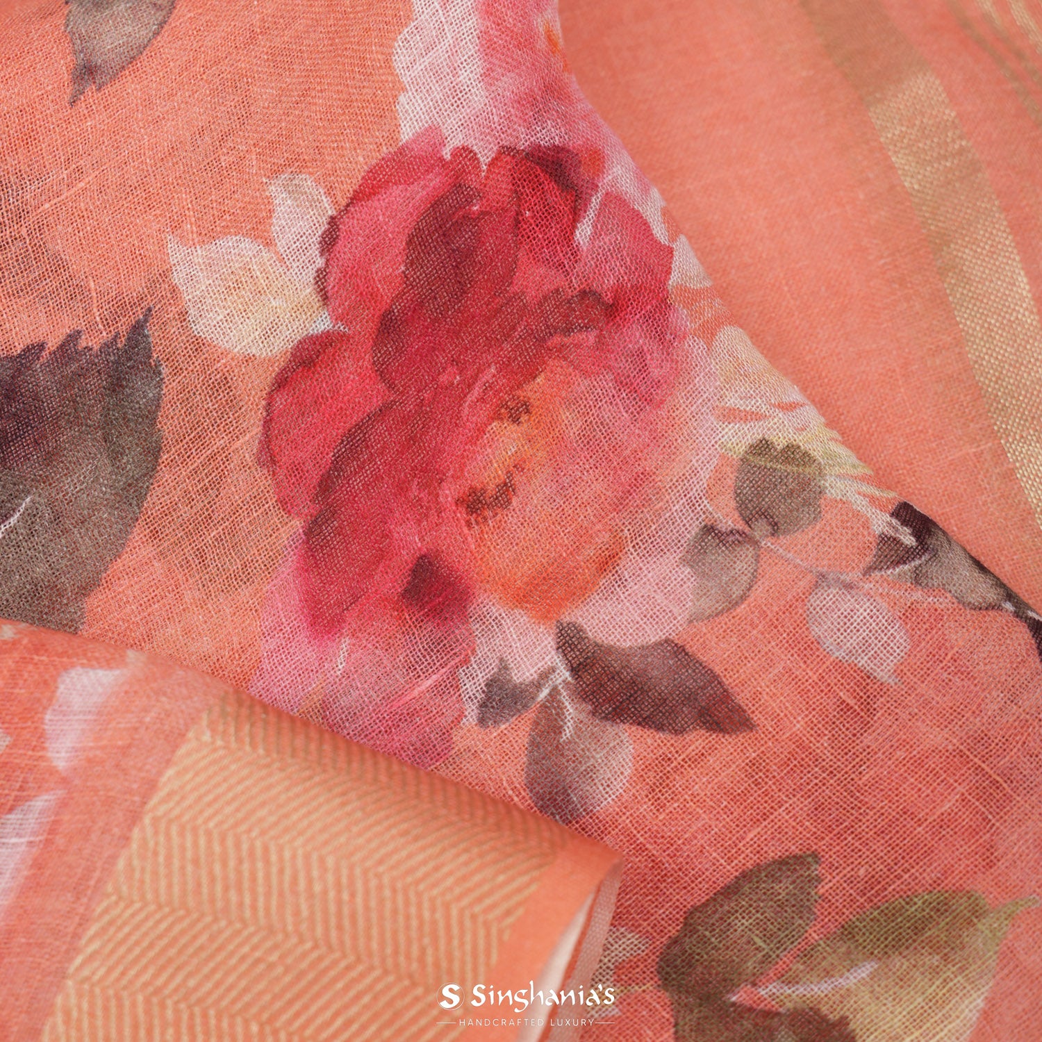 Paradise Peach Printed Linen Saree With Floral Pattern