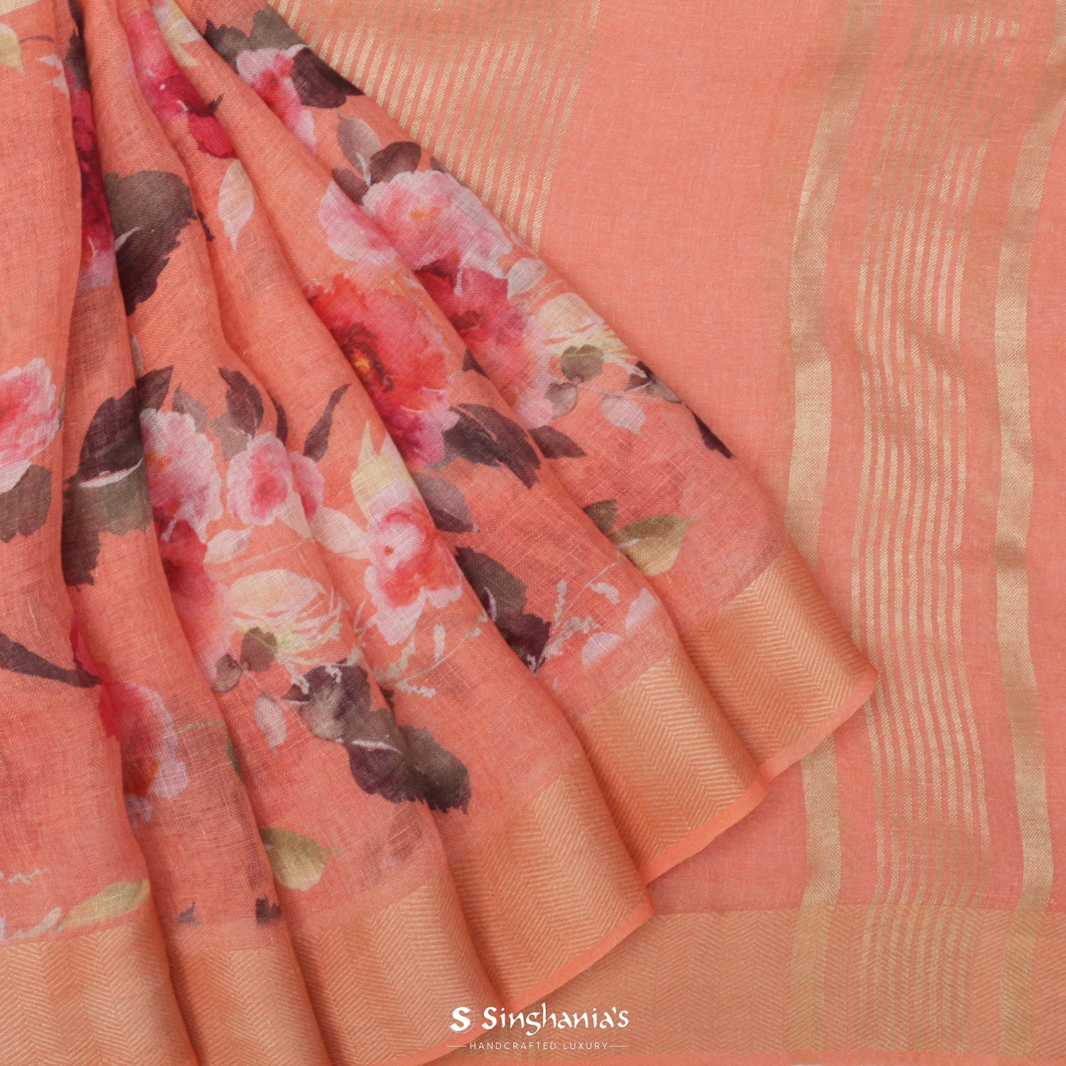 Paradise Peach Printed Linen Saree With Floral Pattern