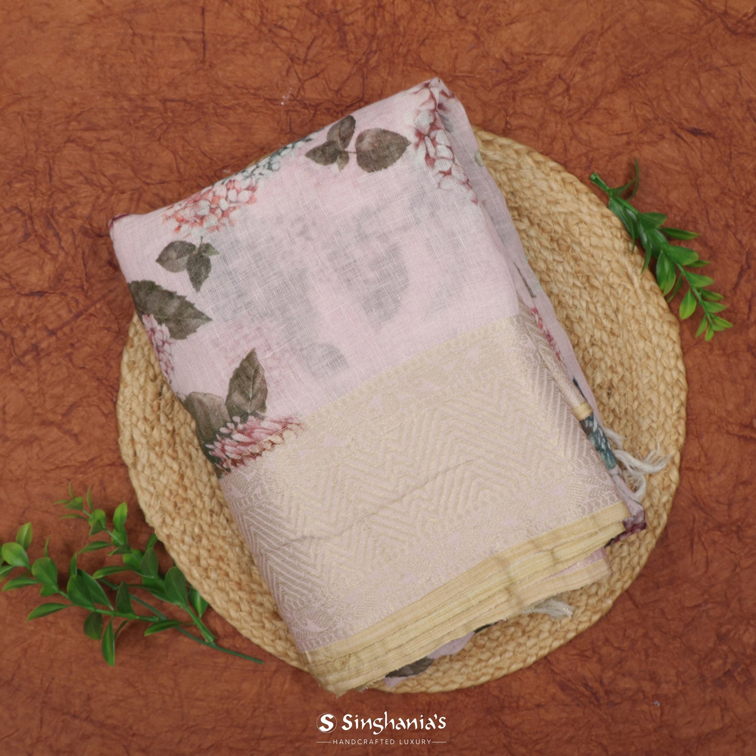 Pale Purple Printed Linen Saree With Floral Pattern