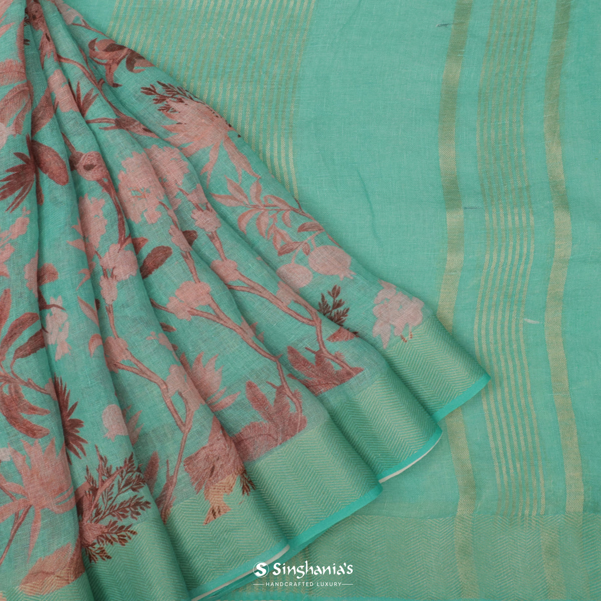 Jungle Green Printed Lenin Saree With Floral Pattern