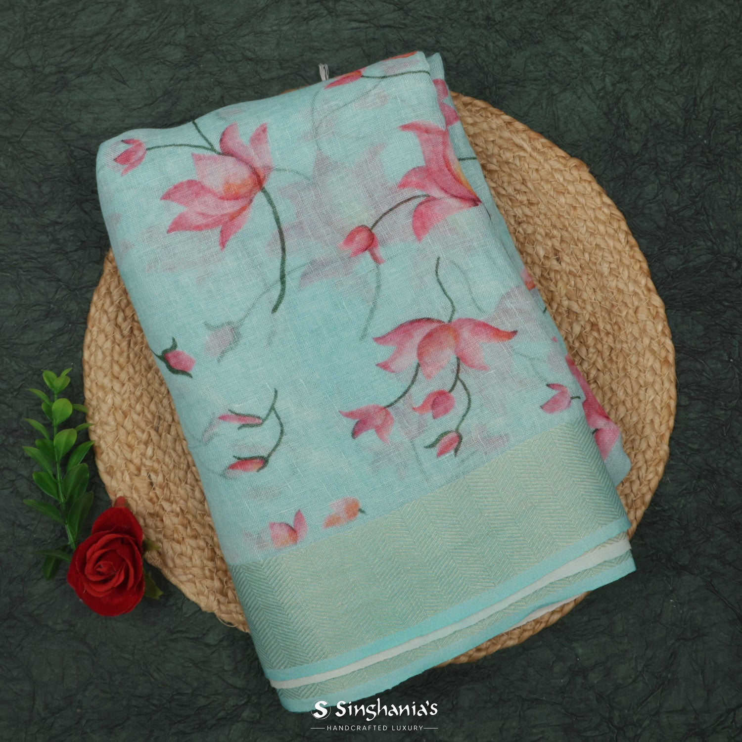 Celeste Blue Printed Linen Saree With Floral Pattern