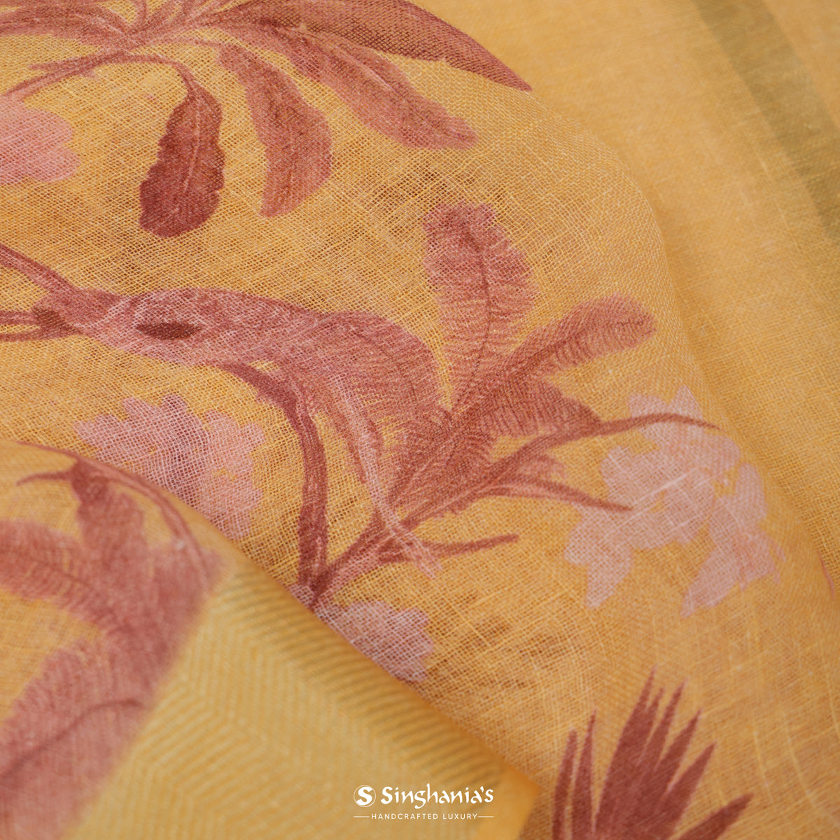 Citrine Yellow Printed Linen Saree With Floral Pattern