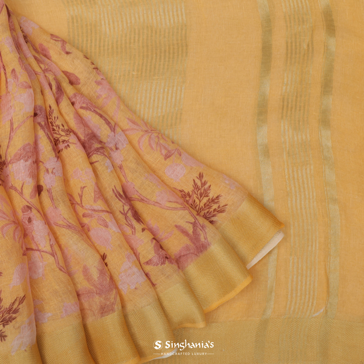 Citrine Yellow Printed Linen Saree With Floral Pattern