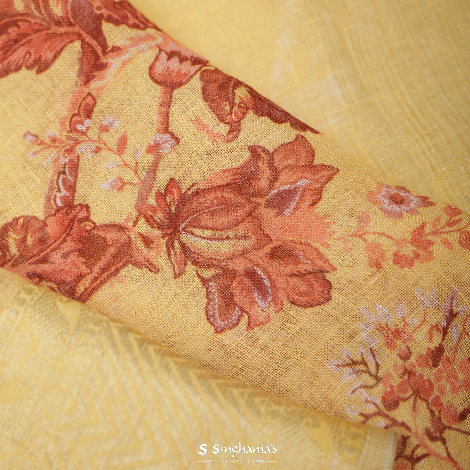 Pale Goldenrod Yellow Printed Linen Saree With Floral Pattern
