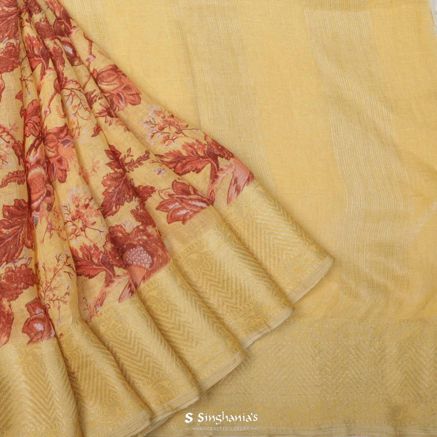Pale Goldenrod Yellow Printed Linen Saree With Floral Pattern