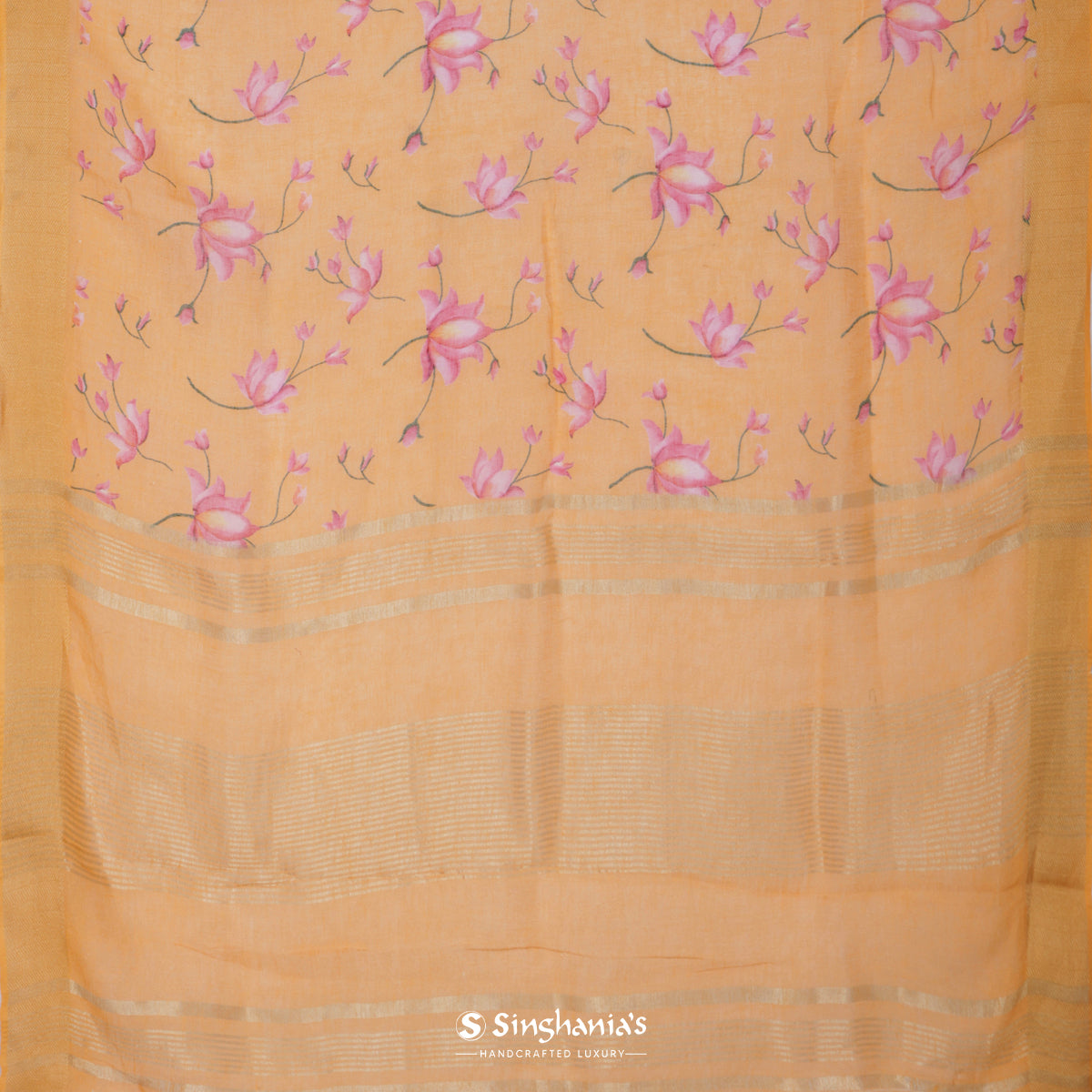 Mustard Yellow Printed Linen Saree With Floral Pattern
