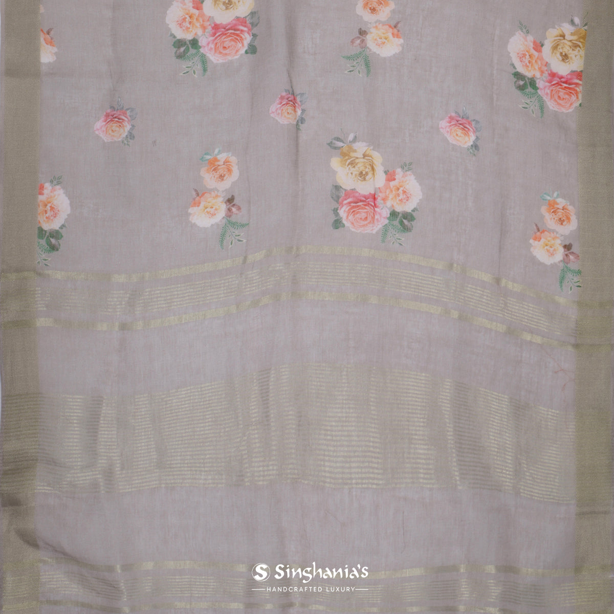 Gainsboro White Linen Saree With Printed Floral Buttas