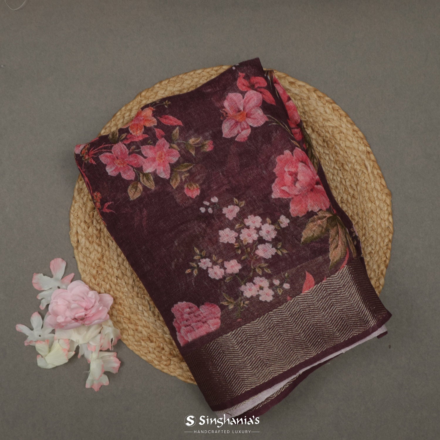 Kalamata Purple Printed Linen Saree With Floral Pattern