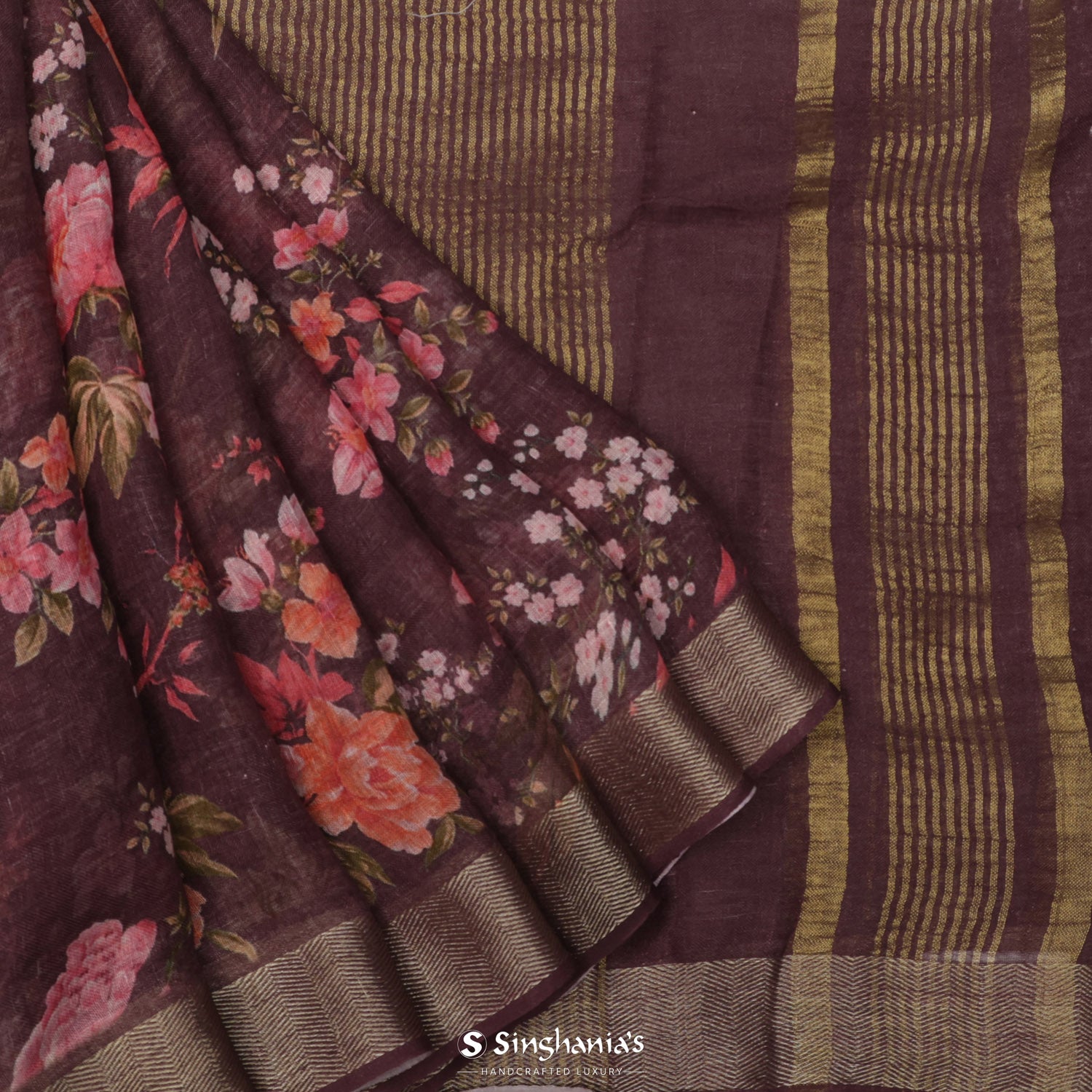 Kalamata Purple Printed Linen Saree With Floral Pattern