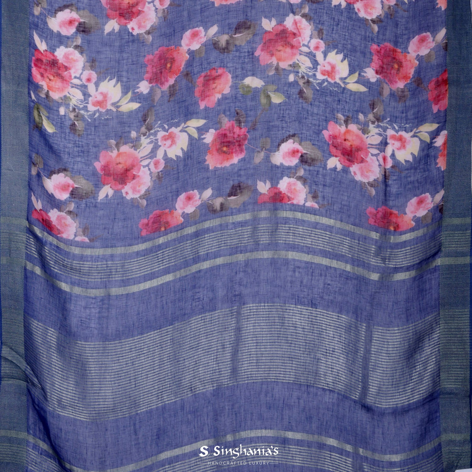Independence Blue Printed Linen Saree With Floral Pattern