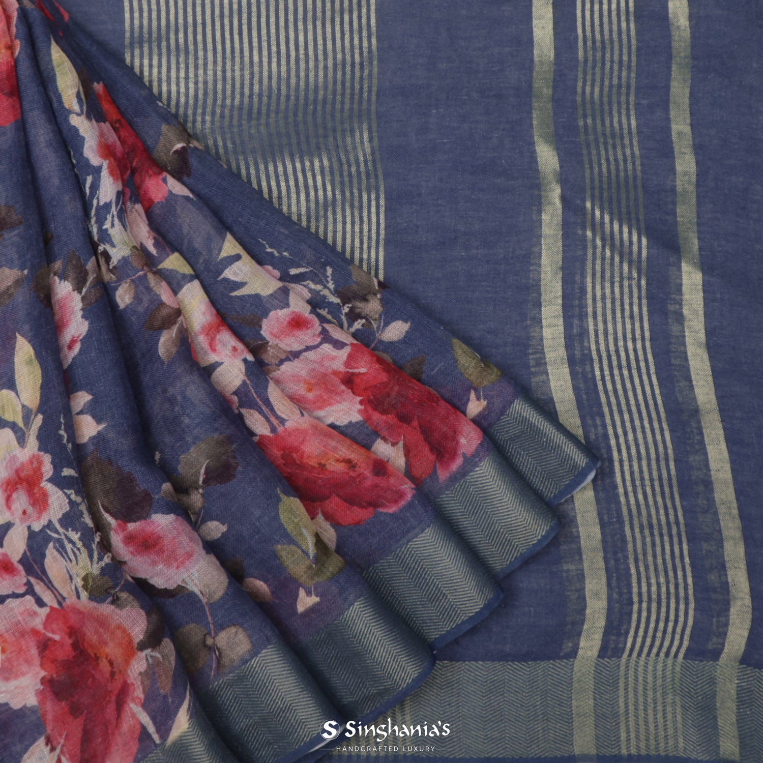 Independence Blue Printed Linen Saree With Floral Pattern