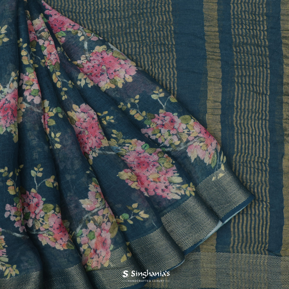Indigo Dye Blue Linen Saree With Banarasi Weaving