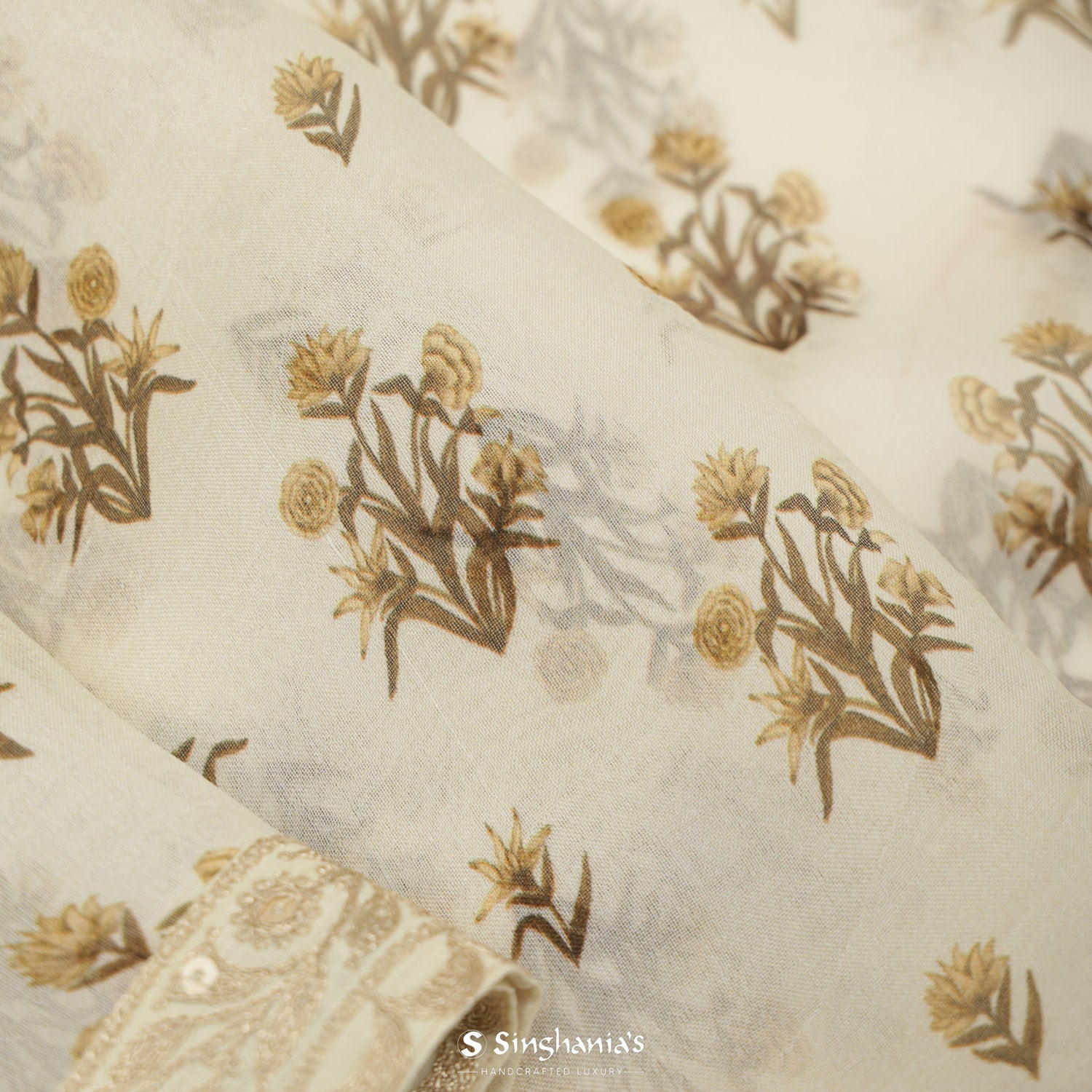 Beige White Printed Organza Saree With Floral Buttas