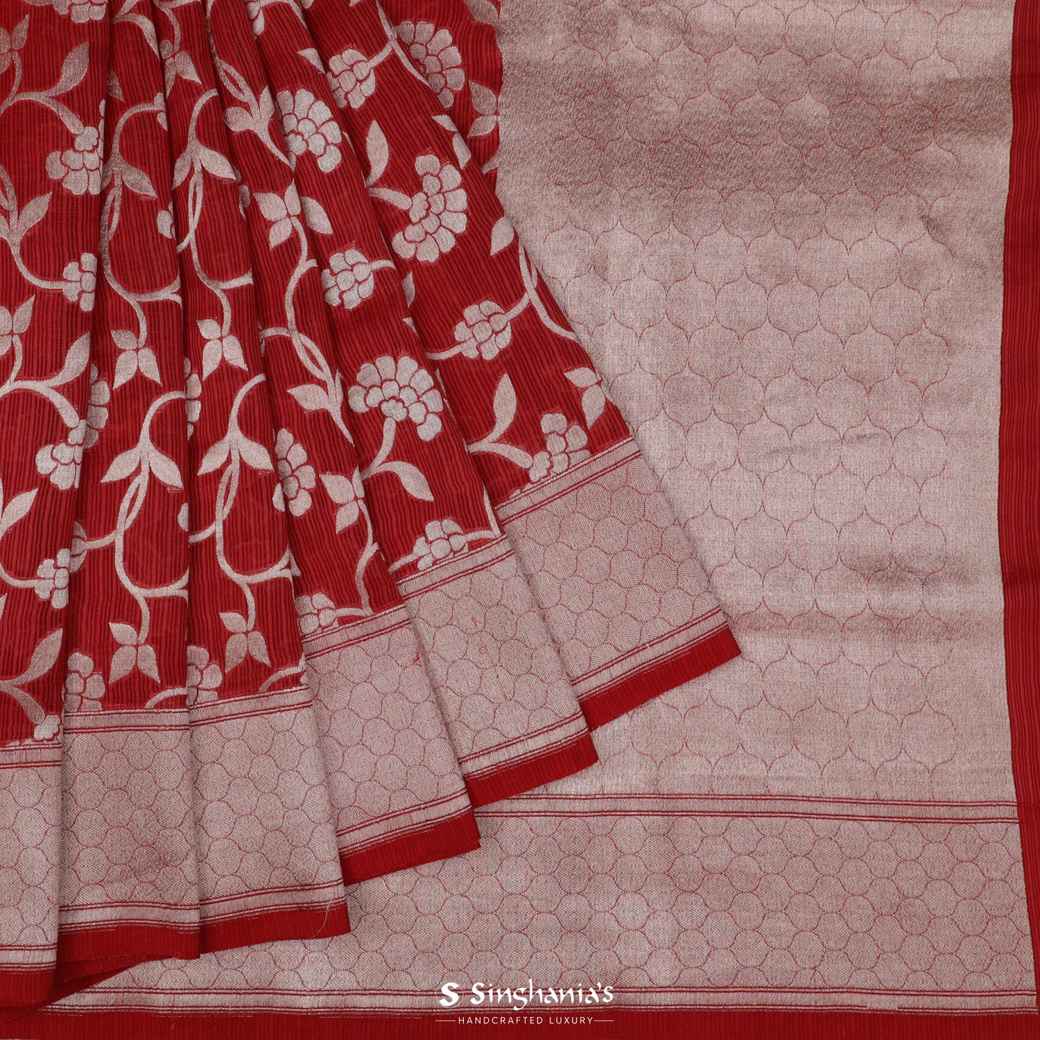 Pure Red Kota Saree With Banarasi Weaving